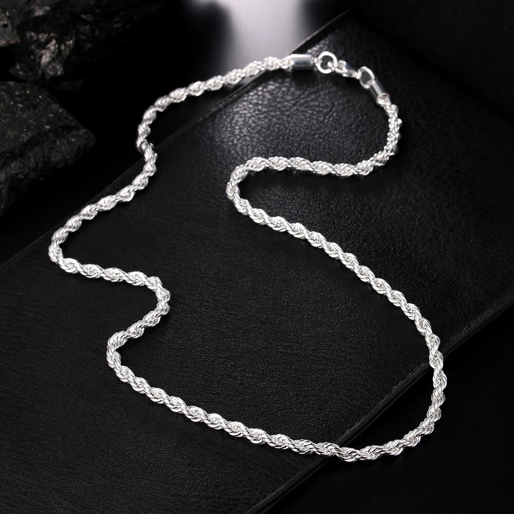 4mm Solid Silver Italian Rope Chain Necklace Diamond Cut Style