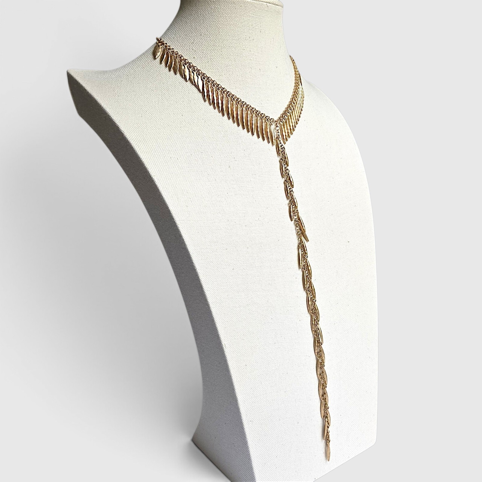 Leaf Fringe Y Drop Lariat Necklace Matte Gold Tone Boho Statement 17″-20″