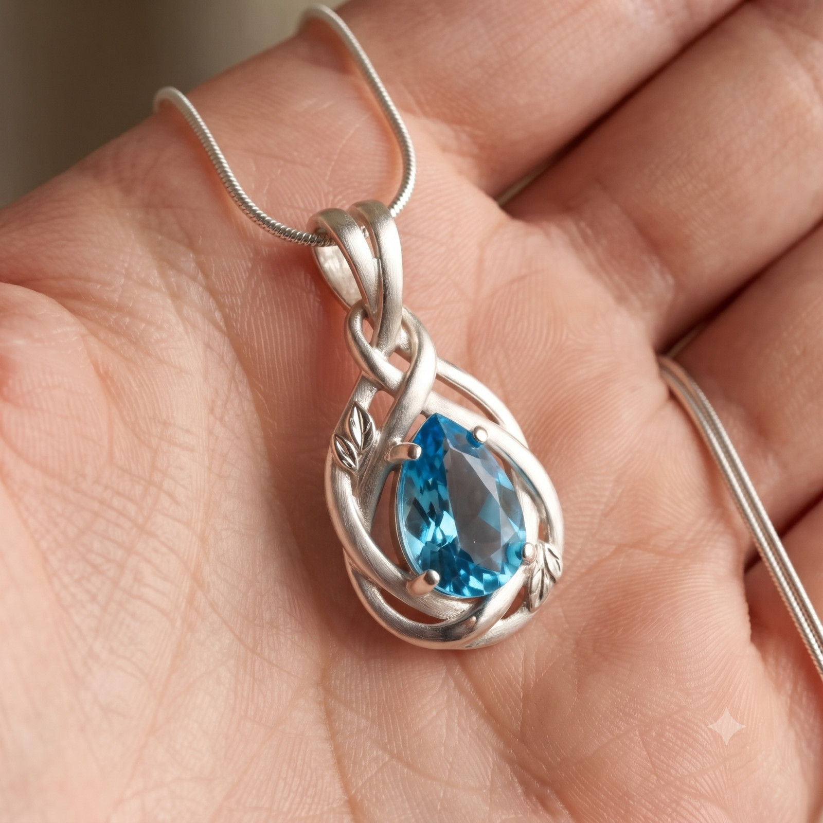 Sterling Silver Natural Blue Topaz Necklace, Pear Cut Gemstone Pendant