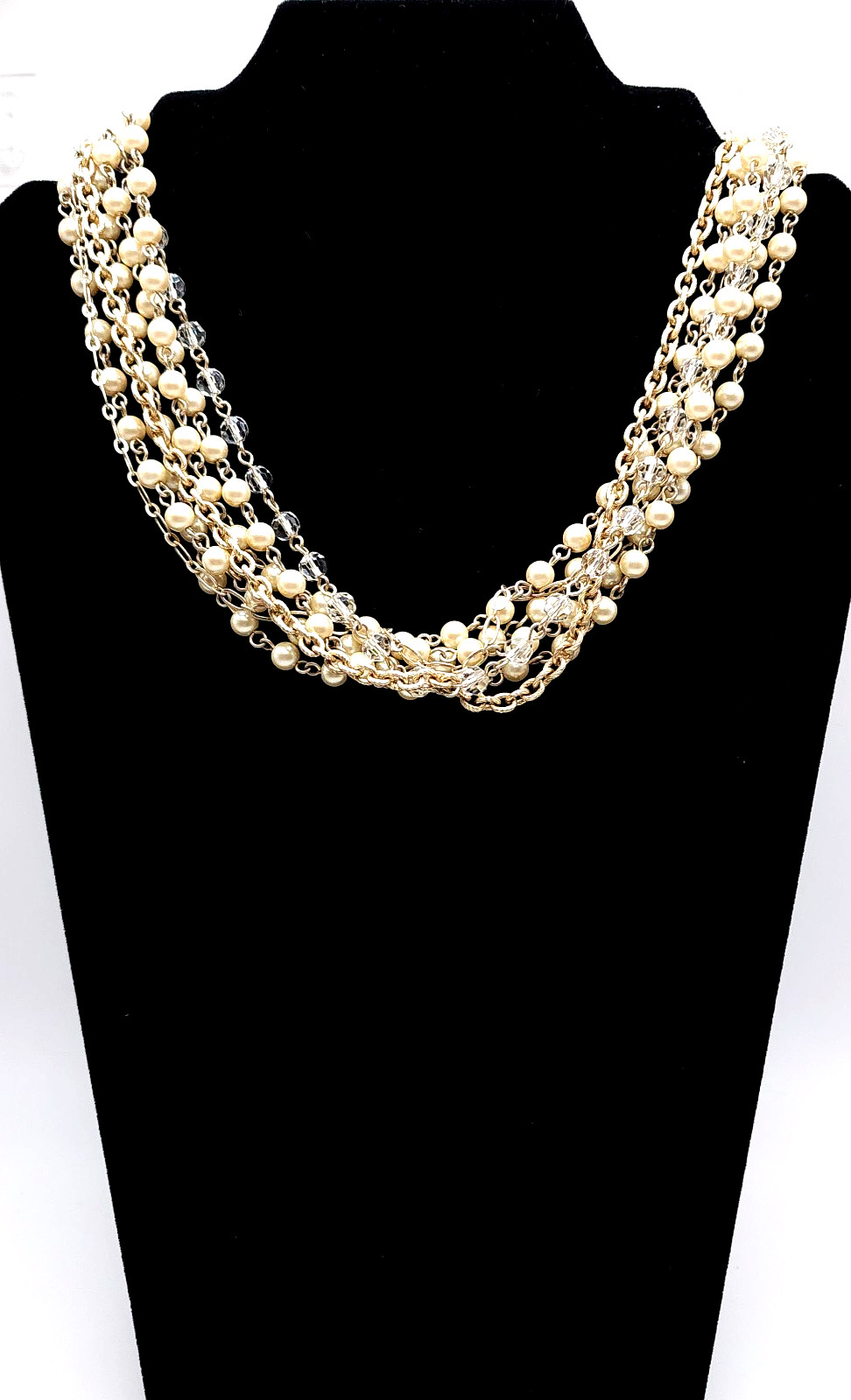 Alan Schwartz Multi Strand Faux Pearl Crystal Necklace Gold Tone Toggle 19in