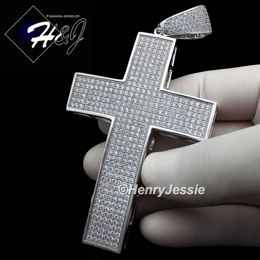 14K WHITE GOLD PLATED ICY BLING CZ HIP HOP OVERSIZE 3D CROSS CHARM PENDANT*BP1