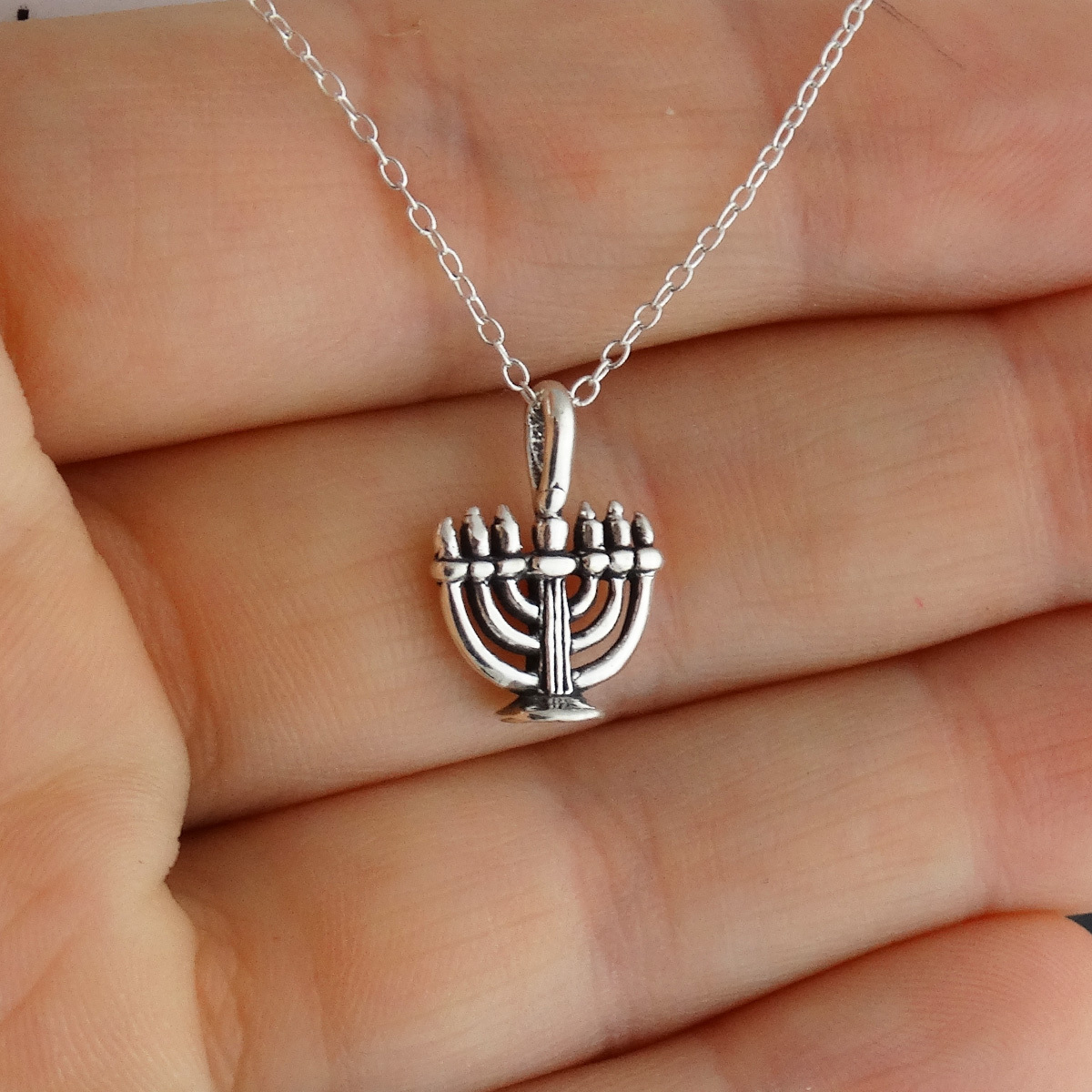 Menorah Necklace – 925 Sterling Silver – Pendant Hanukkah Jewish Festival Lights