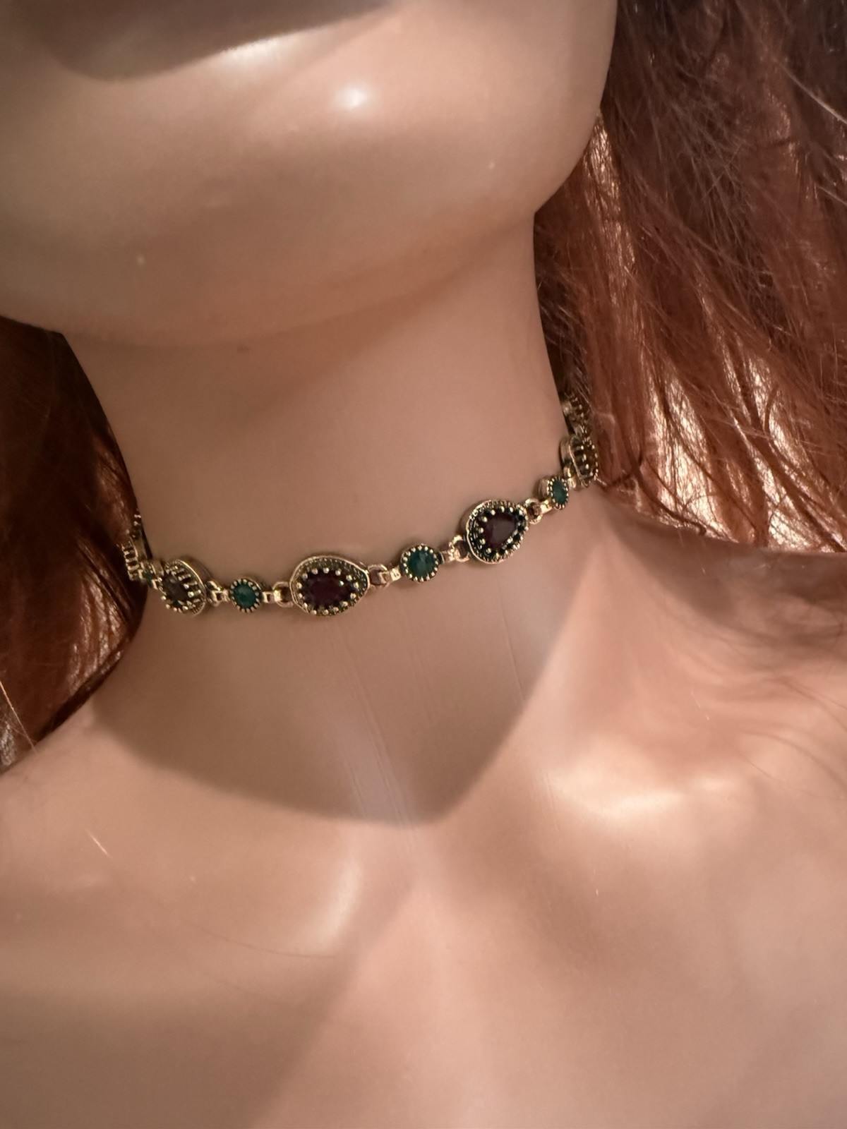 Gold Choker Necklace Chunky Statement Red Green