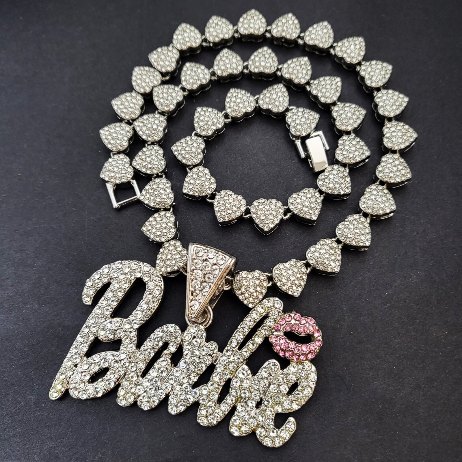 Women Silver Plated Barbie Charm & 20″ Iced Cubic Zirconia Heart Chain Necklace