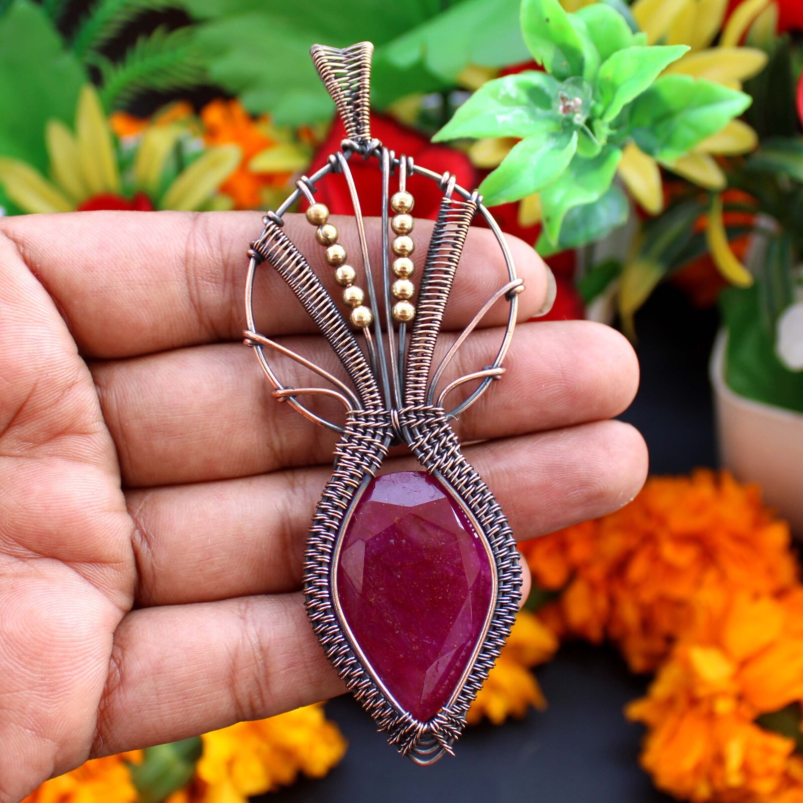 Kashmiri Ruby Handmade Pendant Copper Wire Wrapped Pendant Ruby Gemstone Jewelry