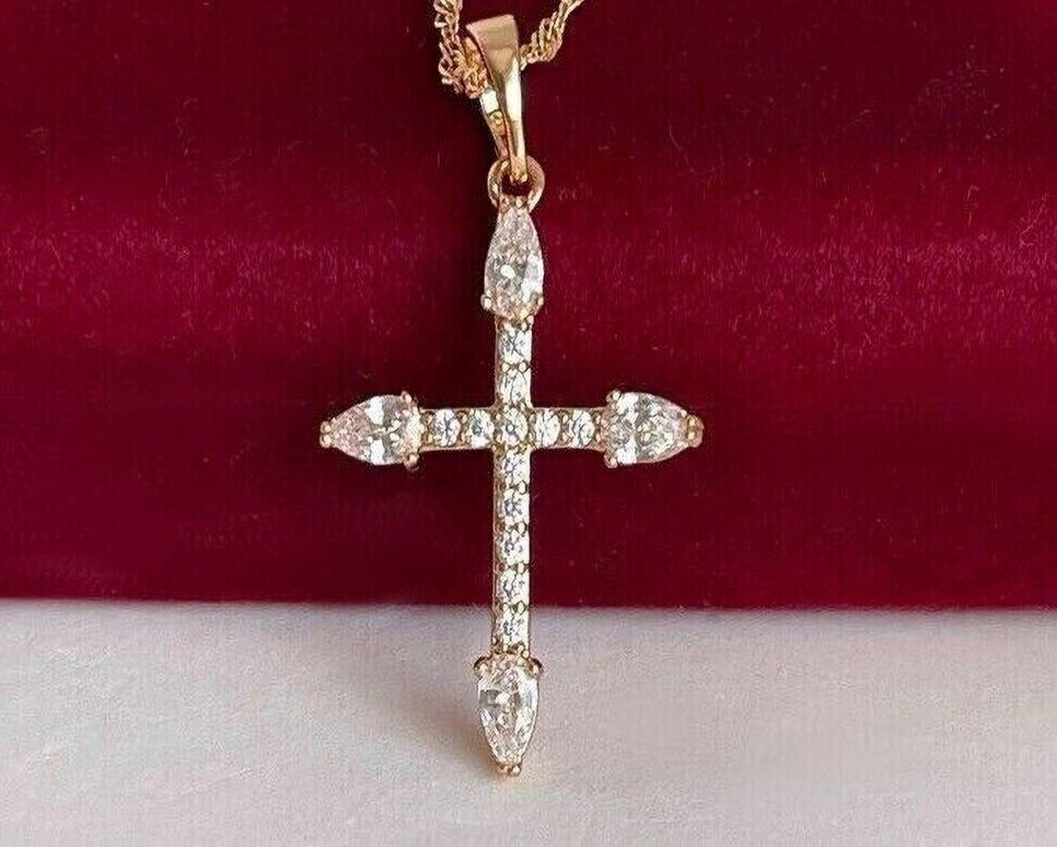 925 Sterling Silver Simulated Diamond Holy Cross Pendant 14K Yellow Gold Plated