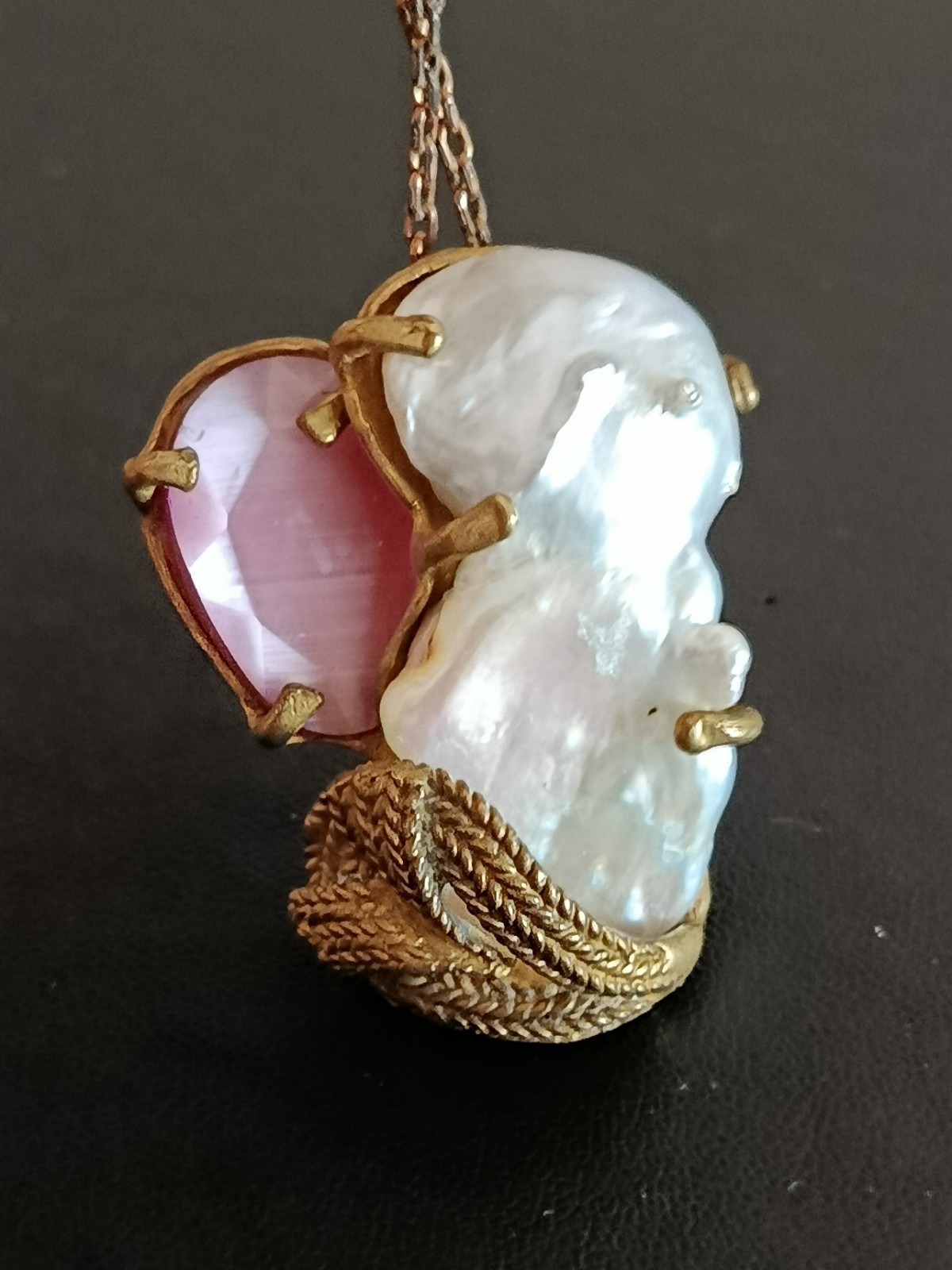 Laura Nocco Baroque Pearl Cat’s Eye Heart Bronze Pendant Signed Italy Rare Art