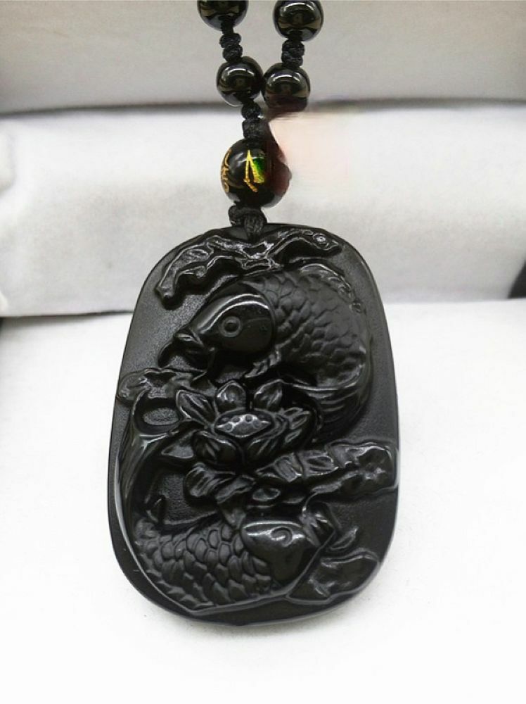 Natural Obsidian Pisces lotus fish koi necklace Amulet pendant with bead chain