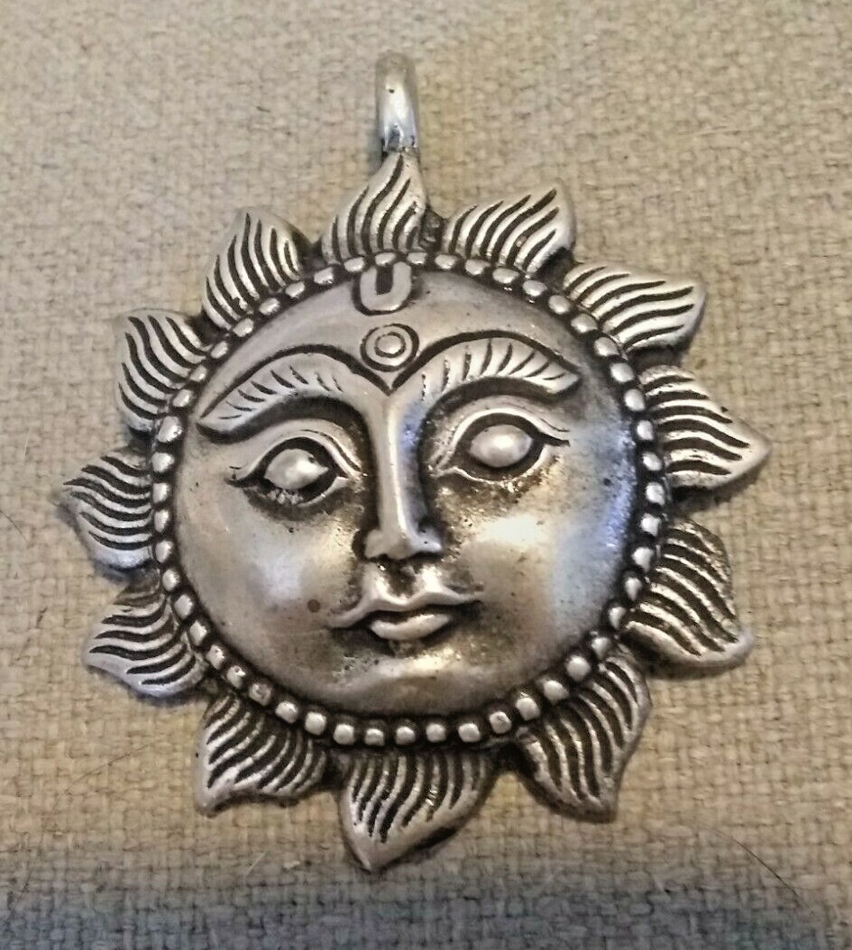 HANDCRAFTED PEWTER SUN w/ FACE PENDANT NECKLACE NEPAL