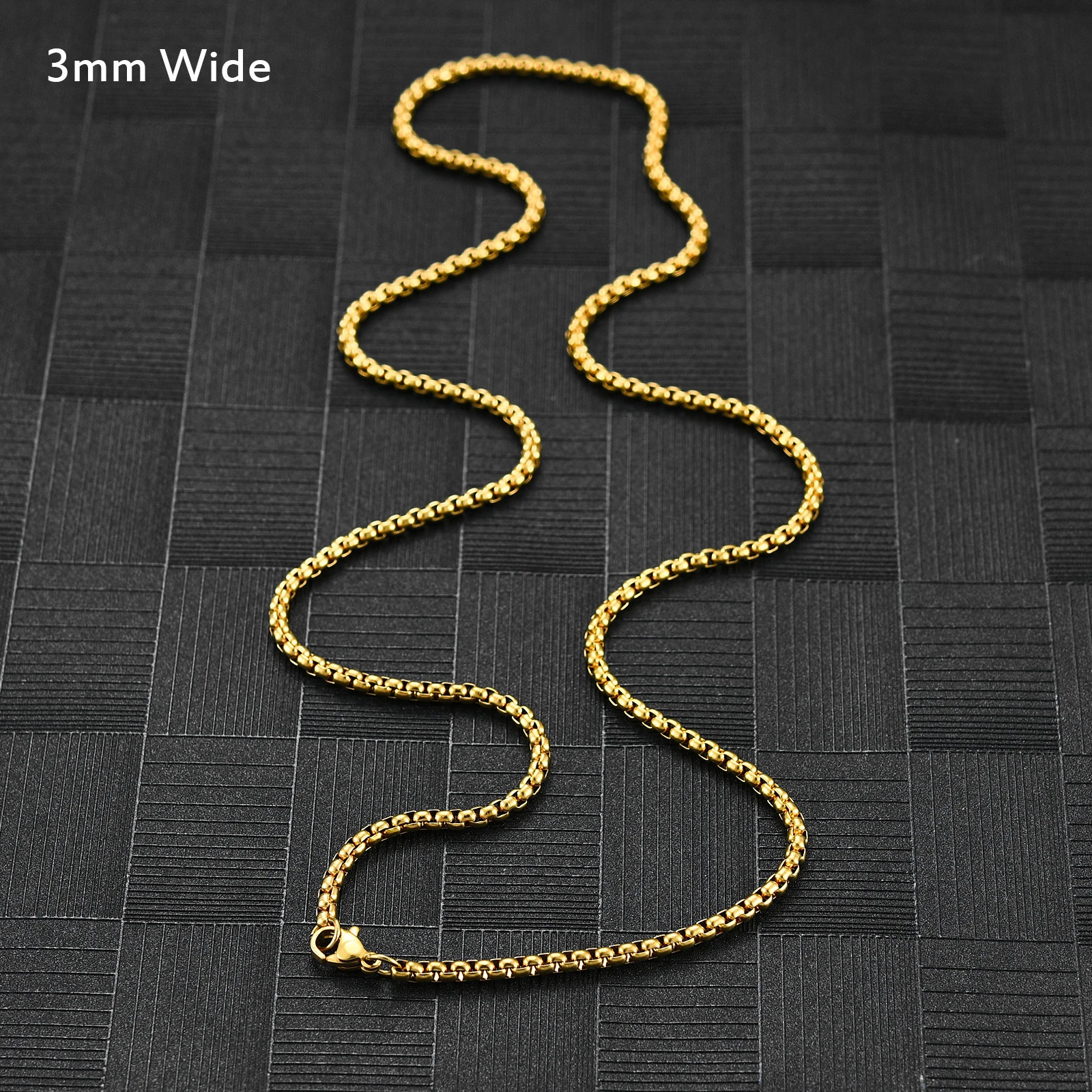 Square Rolo Gold Color Plated Round Box Chain Stainless Steel Necklace For Women