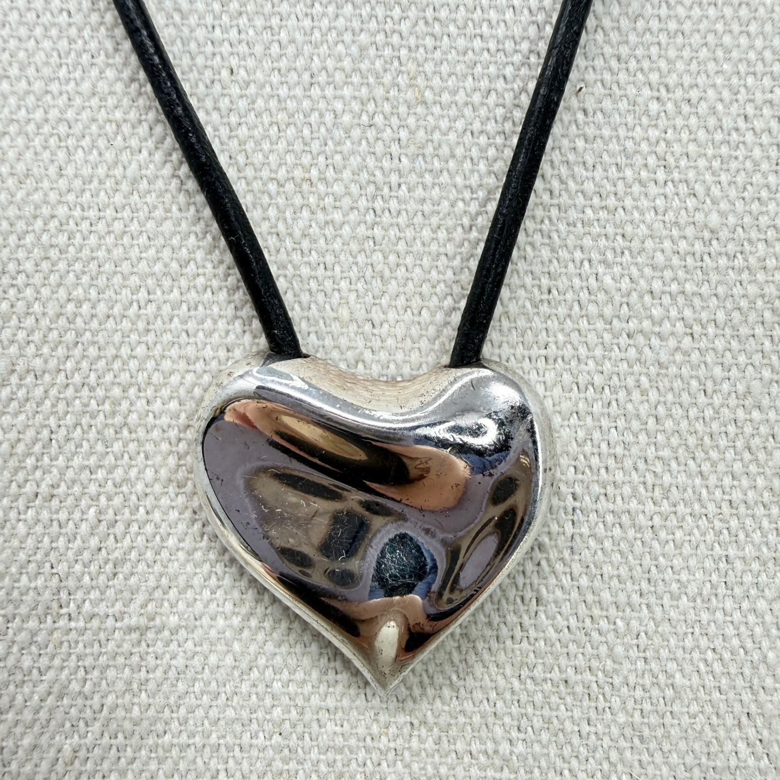 Monet Heart Pendant Necklace Black Cord Silver Tone Modern Signed