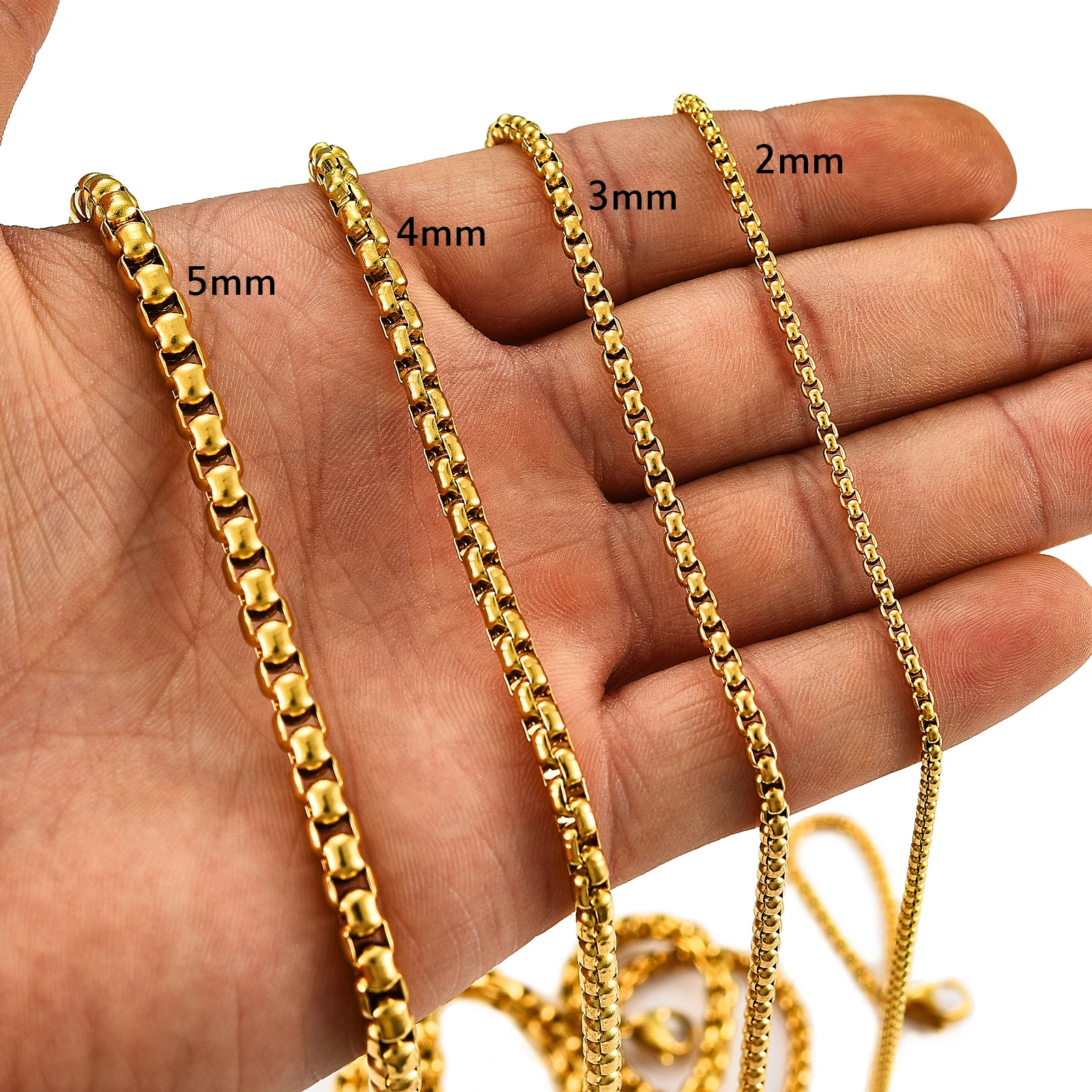 Square Rolo Gold Color Plated Round Box Chain Stainless Steel Necklace For Women