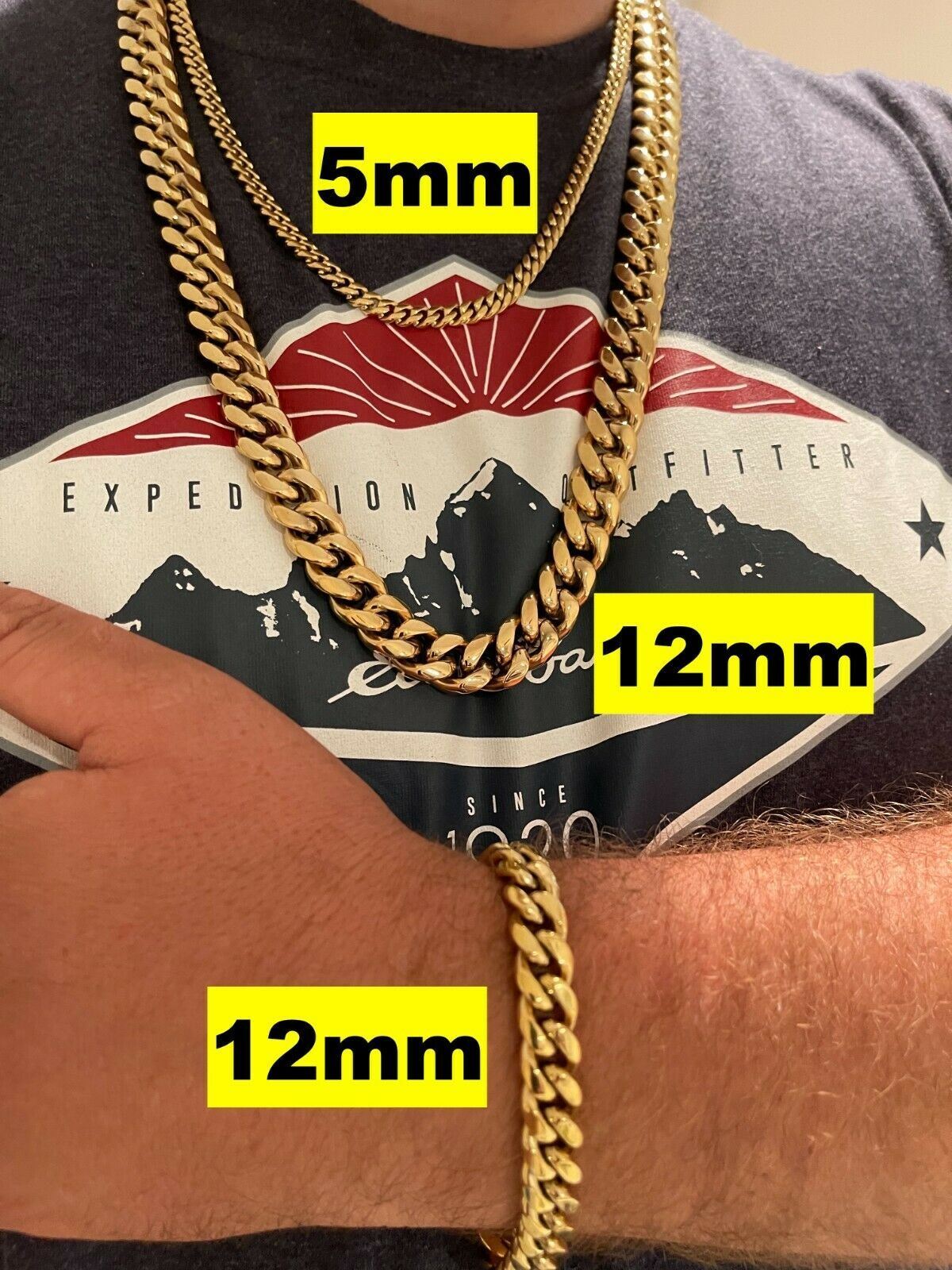 Cadena CUBANA o Pulsera De ACERO INOXIDABLE Bañado En Oro 14K en tamaños 4-14mm