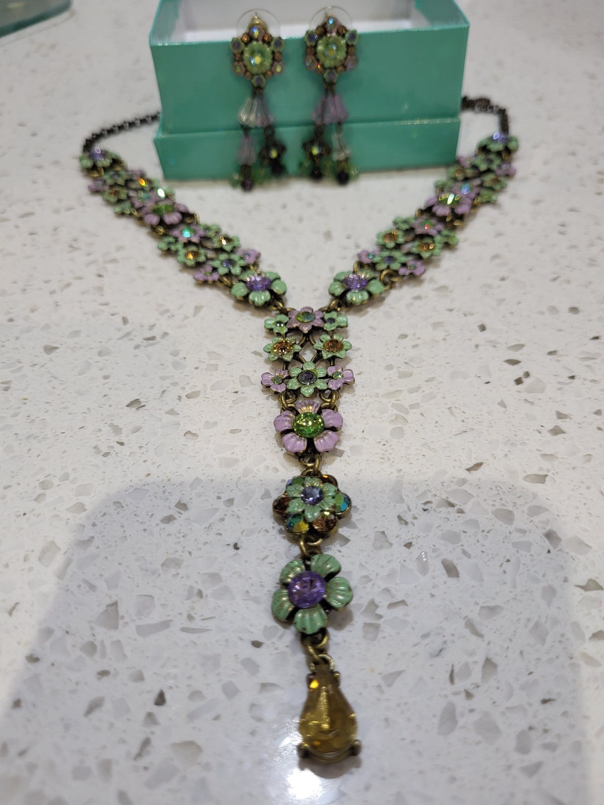 Vtg necklace, earring set Michael Morrison signed MX floral enamel with crystals