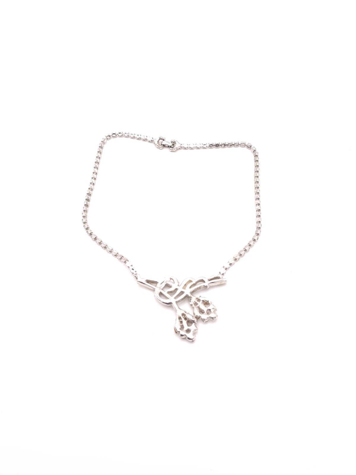 Vintage Silver Tone Rhinestone Bow Pendant Tennis Chain Necklace (Missing Stone)