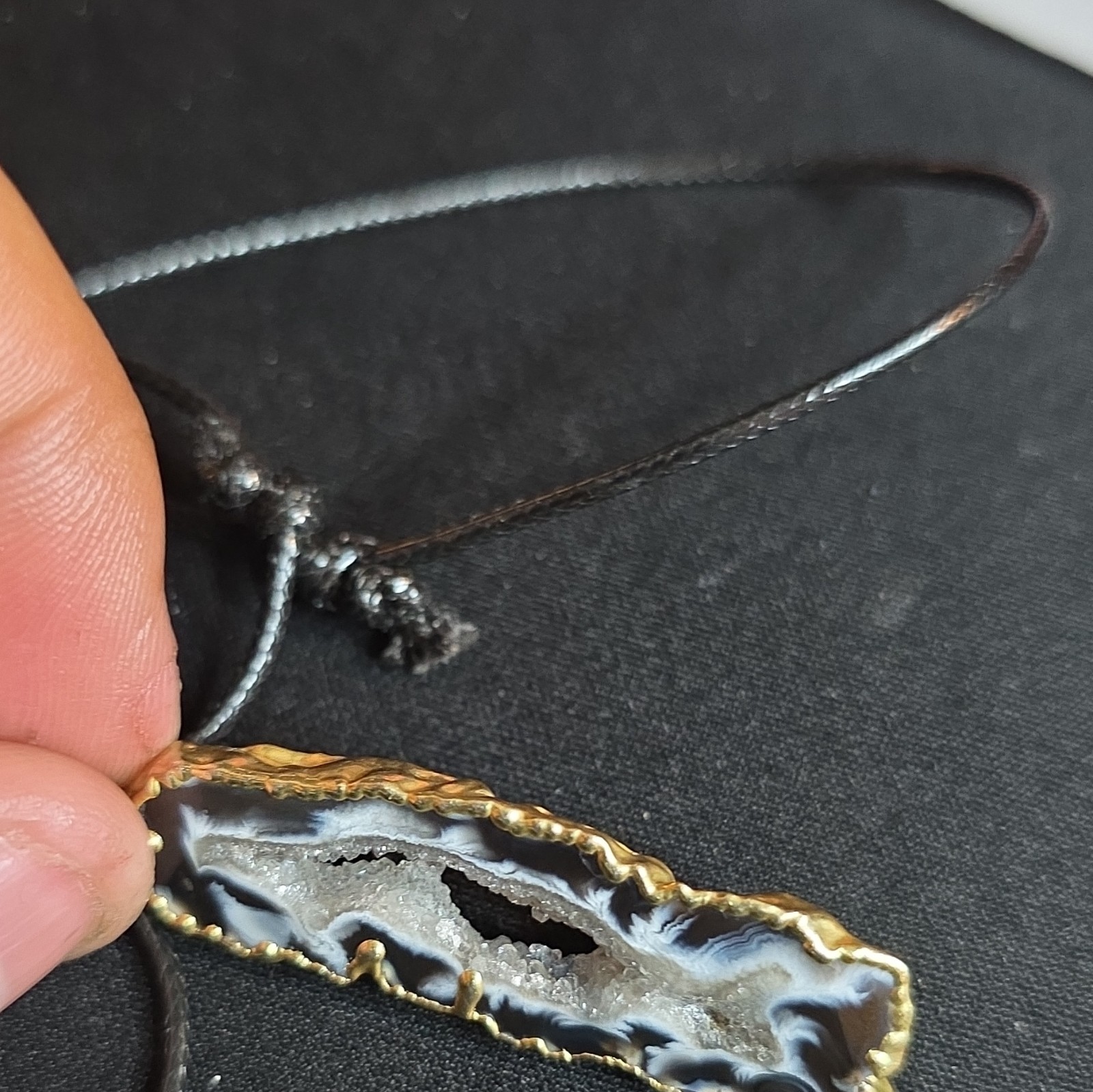Natural Agate Druzy Geode Slice Rectangle Charm Pendant Necklace Black Cord