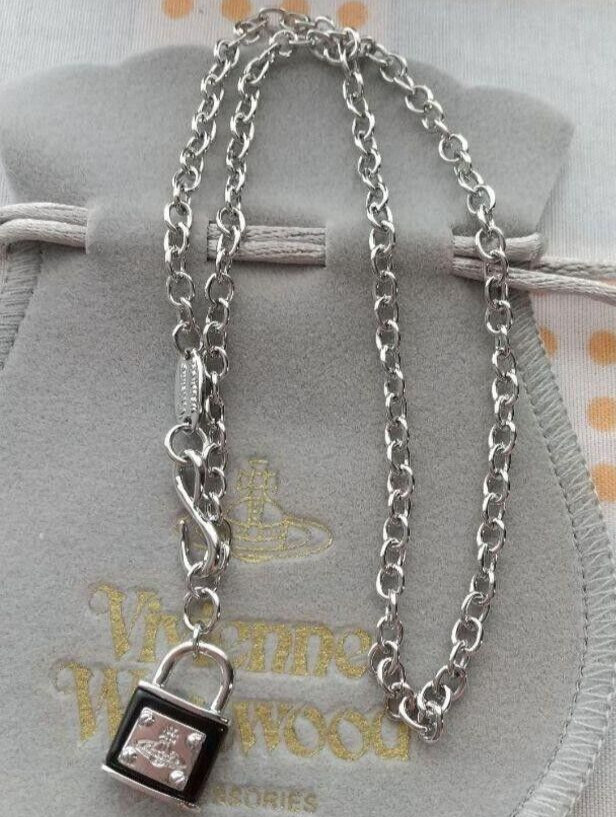 Vivienne westwood Orb Black Padlock Chain Silver Necklace Lock Outlet authentic