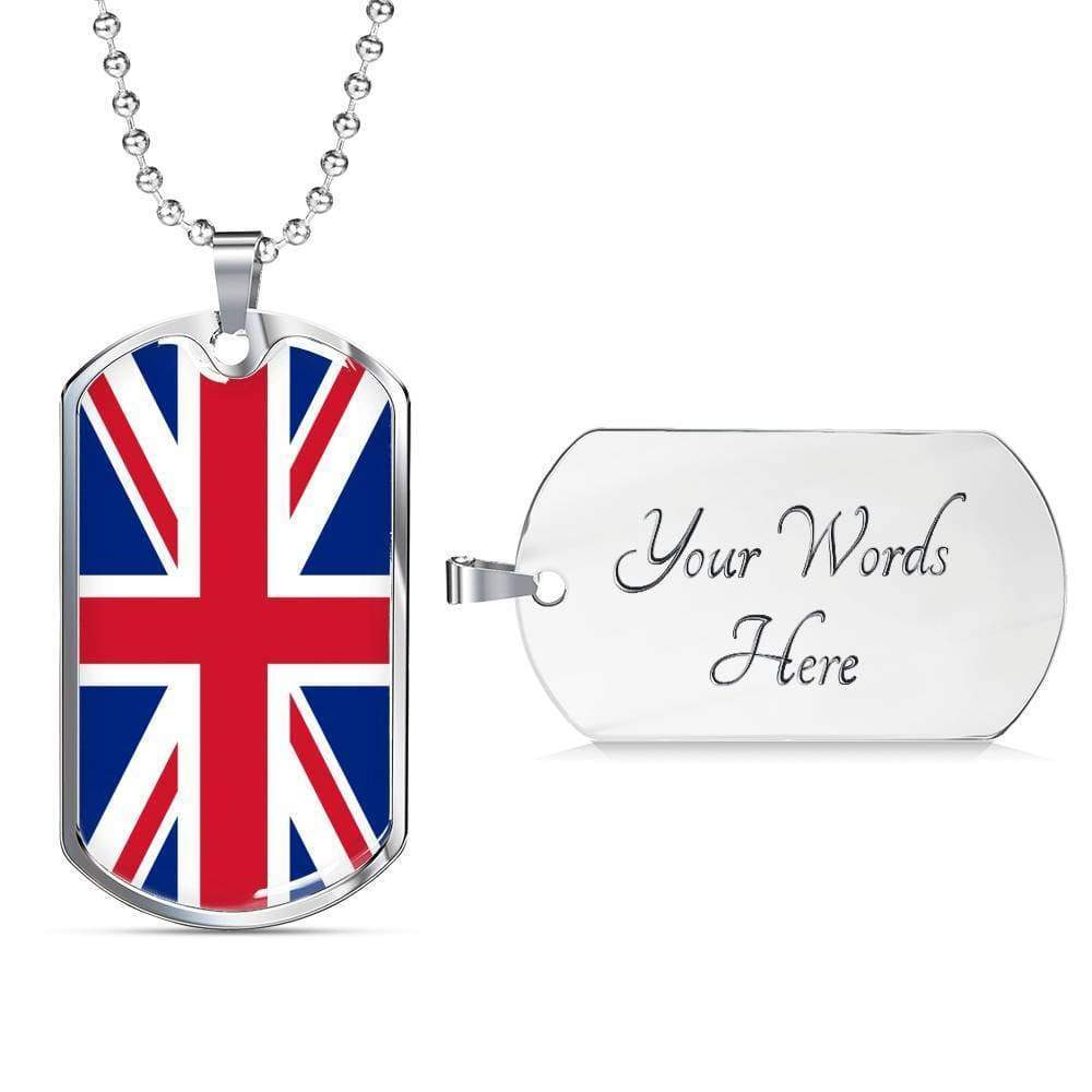United Kingdom Flag Necklace Stainless Steel or 18k Gold Dog Tag 24″