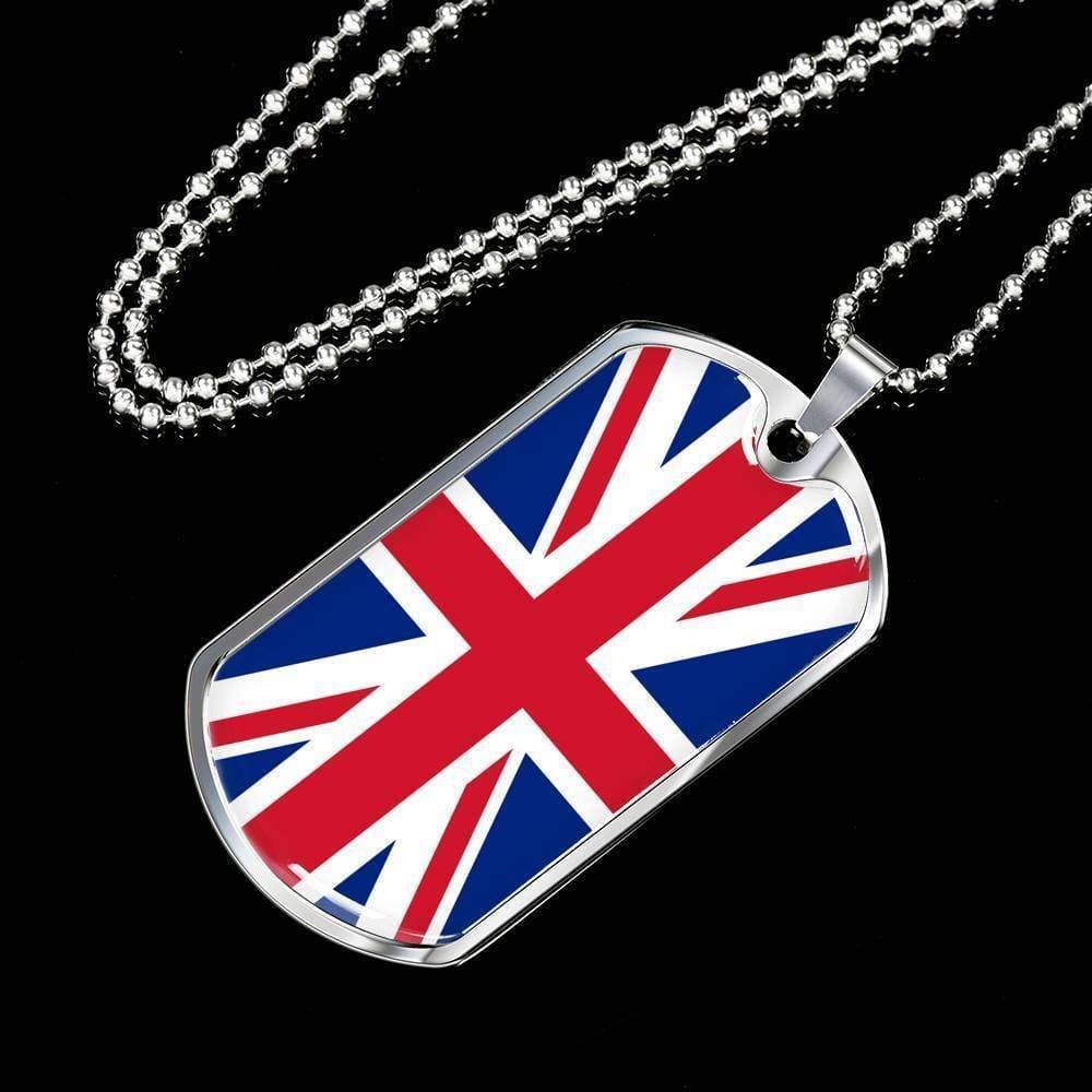 United Kingdom Flag Necklace Stainless Steel or 18k Gold Dog Tag 24″