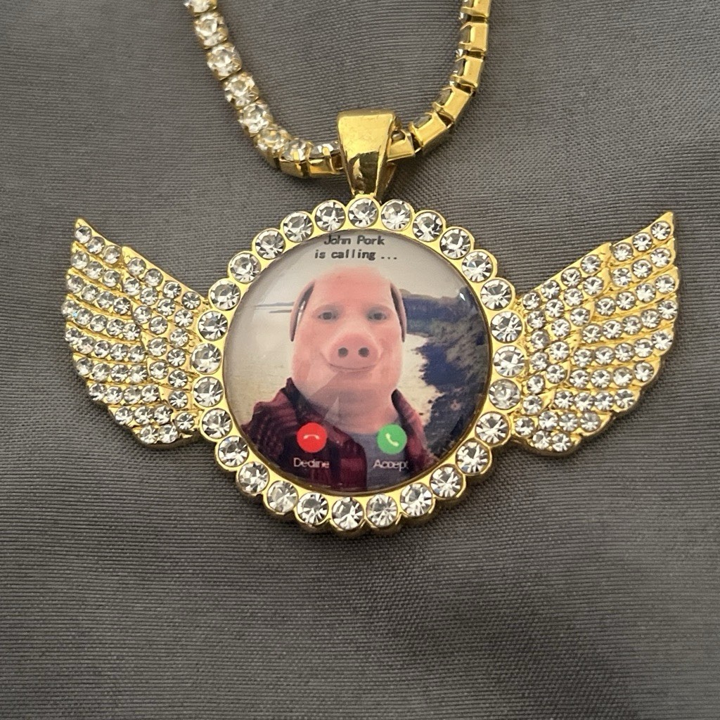 John Pork Is Calling Gold Novelty Wing Pendant & Chain