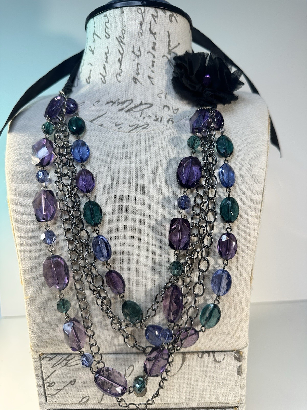 Elegant Multi-Strand Faceted Purple & Teal Beaded Necklace Statement Jewelry