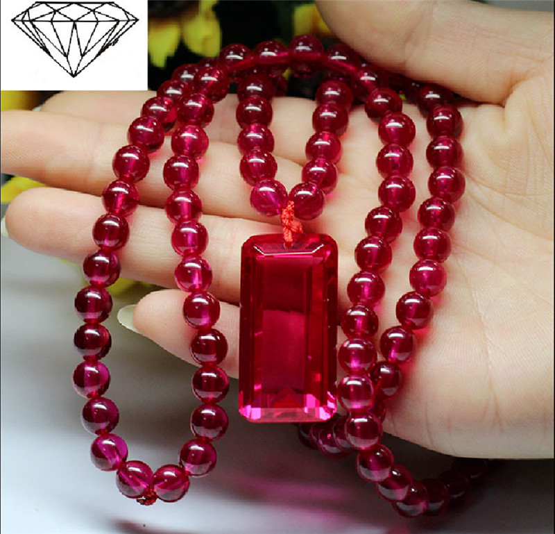 Top Quality Round Bead Red Ruby Lab-Created Beaded Necklace Emerald Cut Pendant