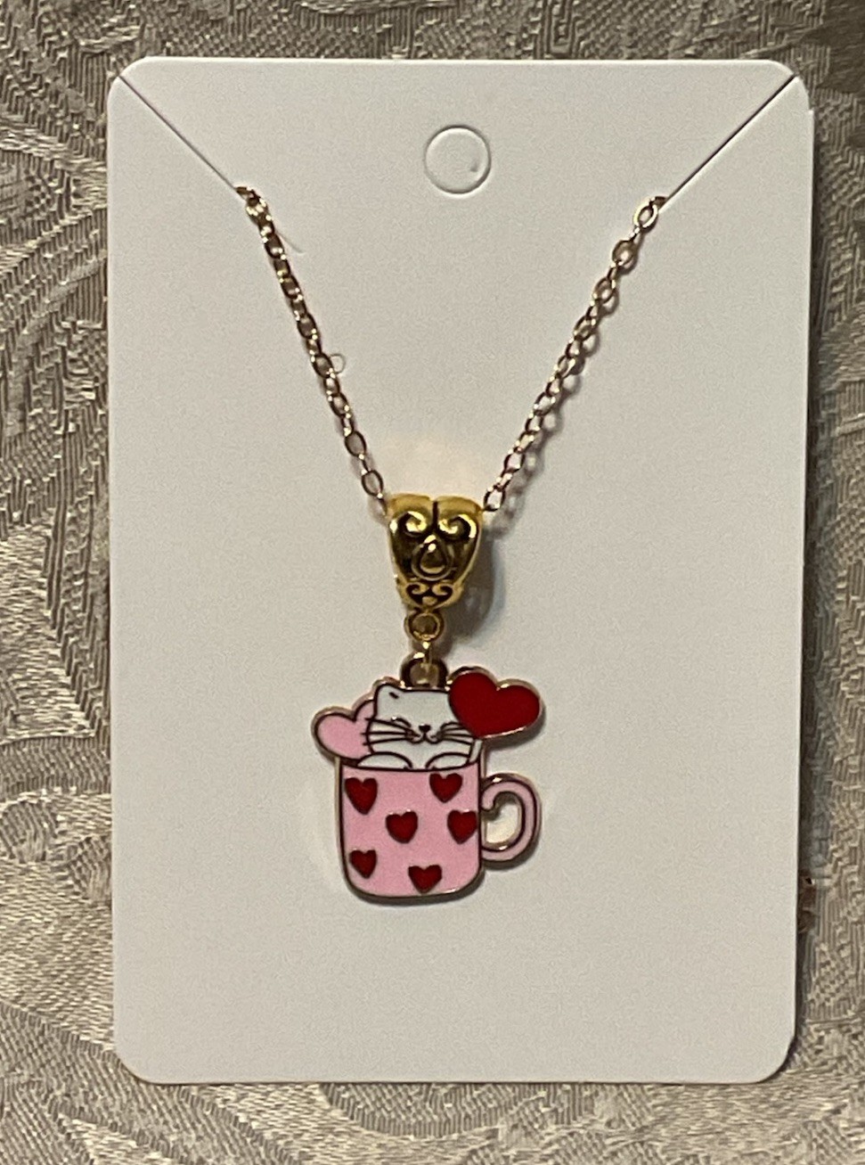 Cat Heart Coffee Cup Enamel Pendant Gold Bohemian Novelty Fashion Necklace