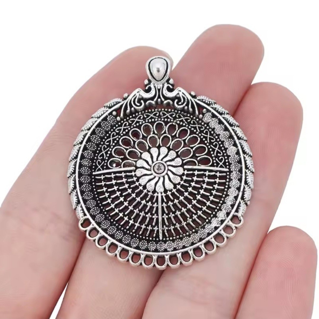 Boho Silver Tone Round Pendant Charms – Set of 8