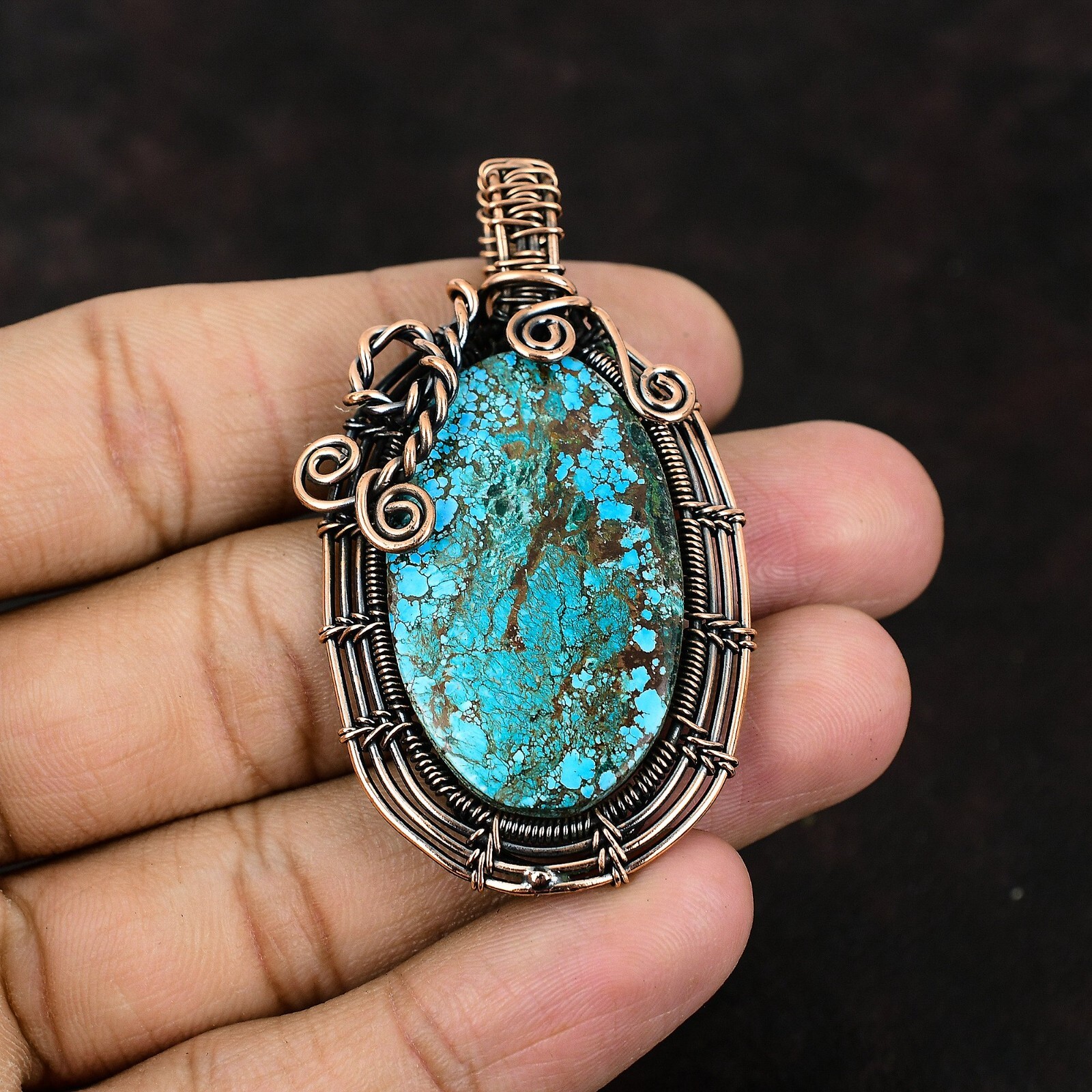 Tibetan Turquoise Jewelry Copper Gift For Love Wire Wrapped Pendant 2.48″