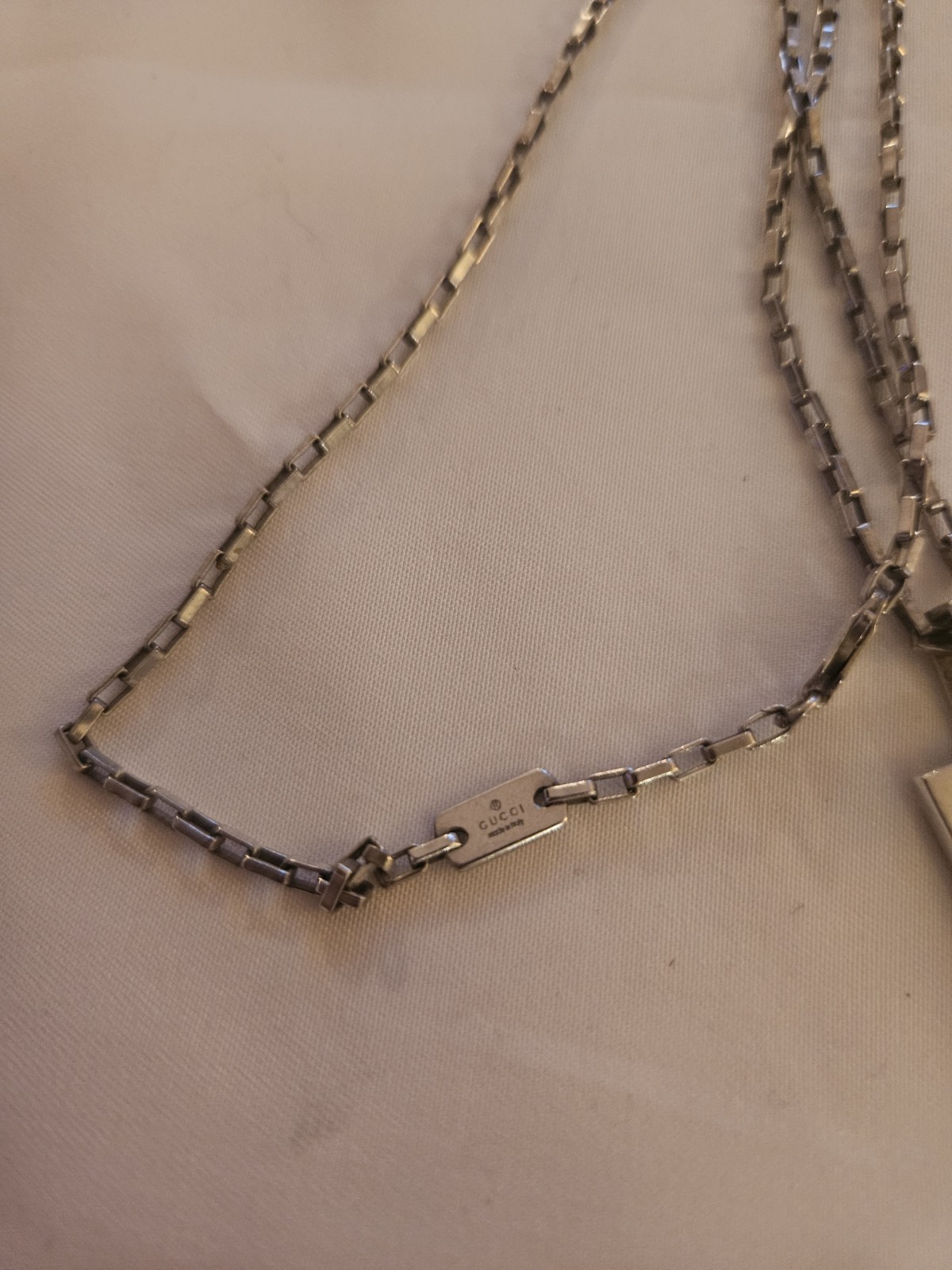 Gucci Silver Tone Box Chain Rectangle Bar Pendant Necklace Signed Italy