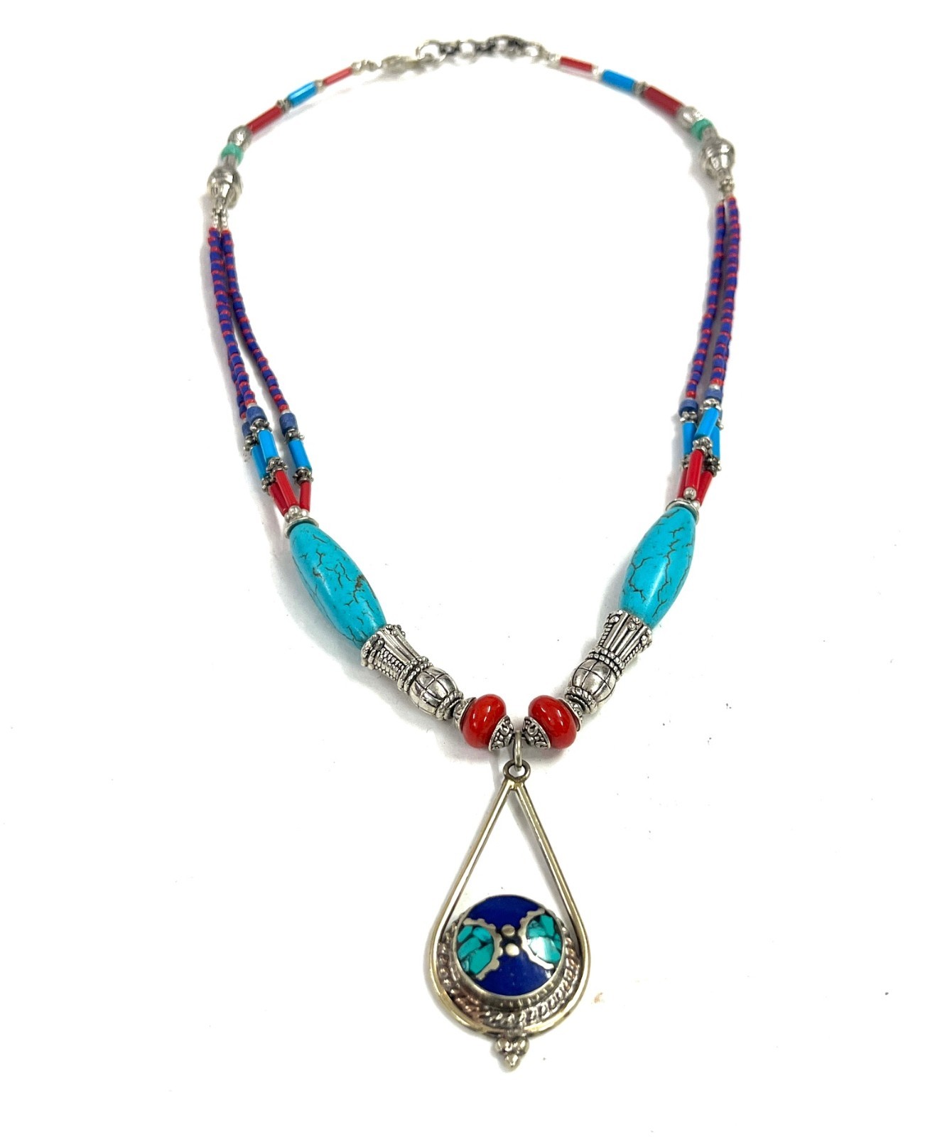 Lapis Lazuli Turquoise Gemstone Tibetan Bohemian Necklace Jewelry, 18 Inc Adjst