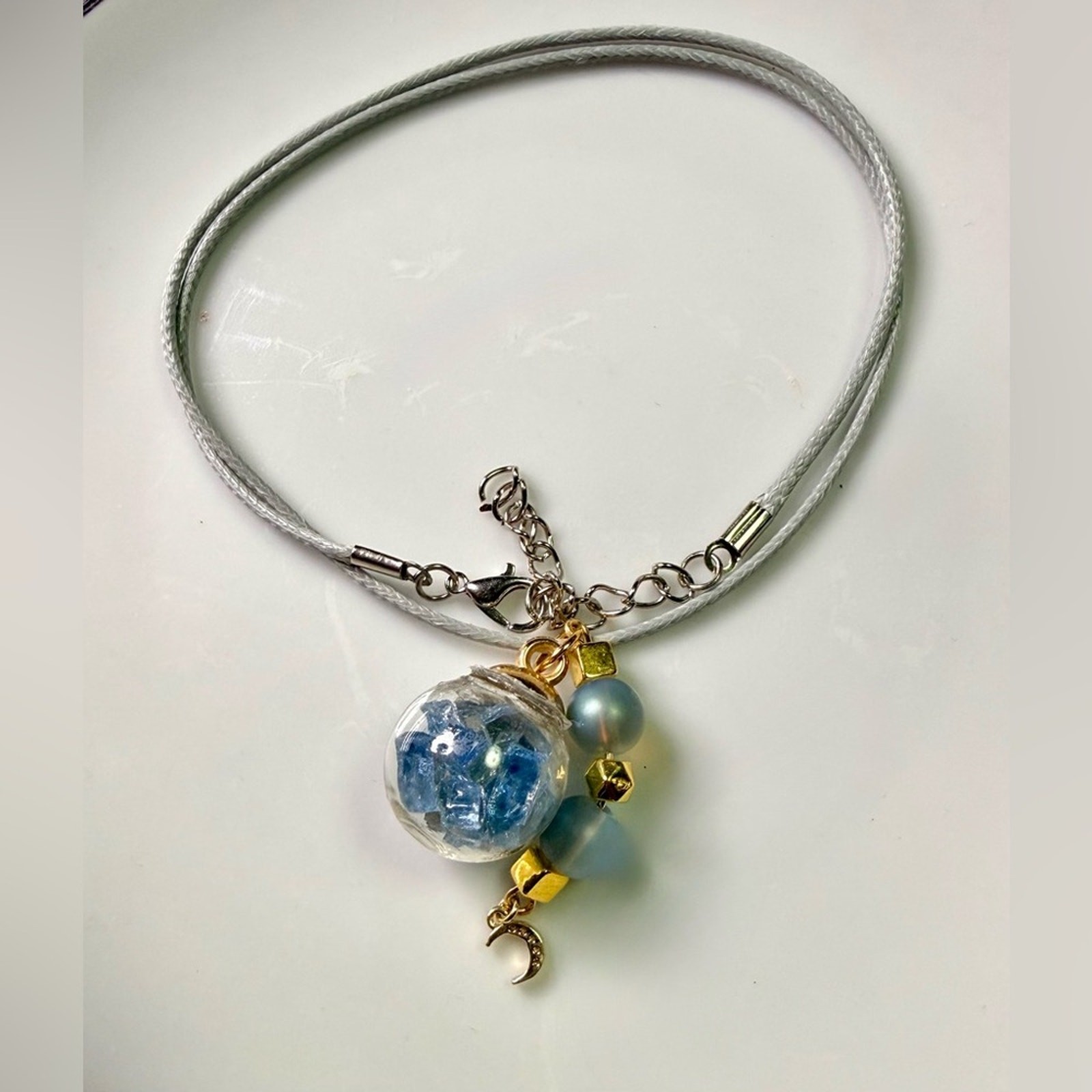 Crystal Filled Glass Globe Necklace • Moon Charm • Handmade • 18” Cord
