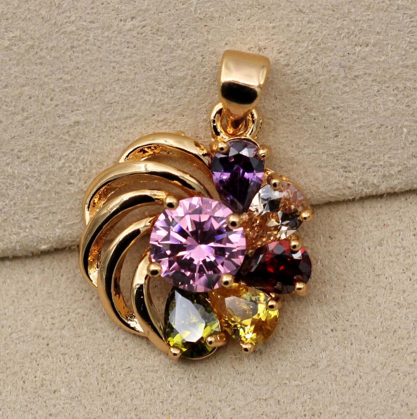 18K Yellow Gold Filled Multicolor Teardrop & Round CZ Windmill Pendant Necklace