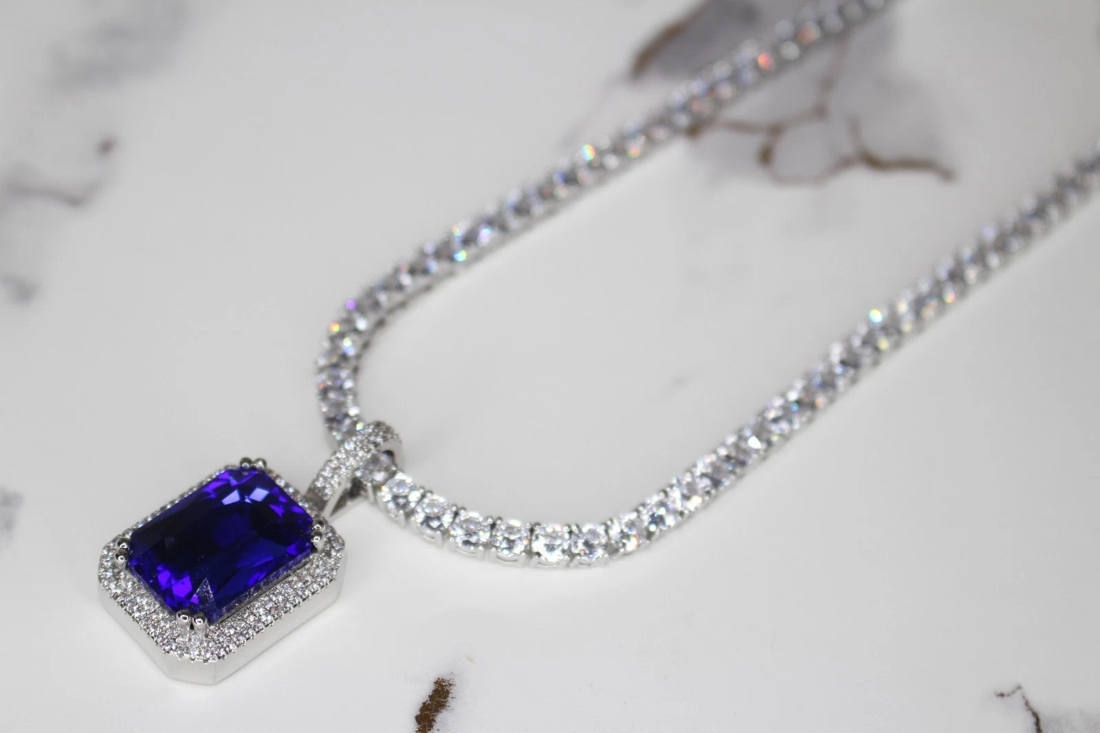 BLUE RUBY Sapphire Pendant Tennis 75.8ct Lab Sim Gem Diamond Chain Necklace