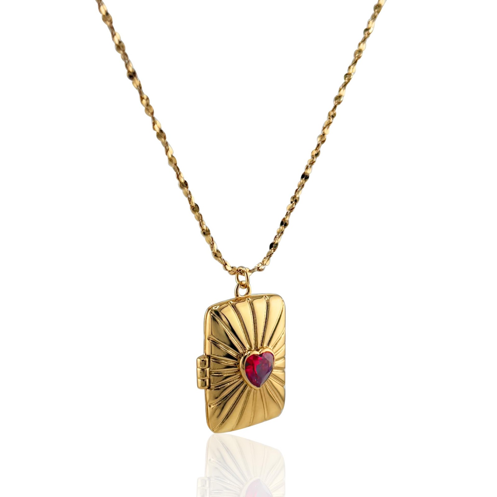Vintage Gold-Tone Rectangular Locket Necklace with Red Heart