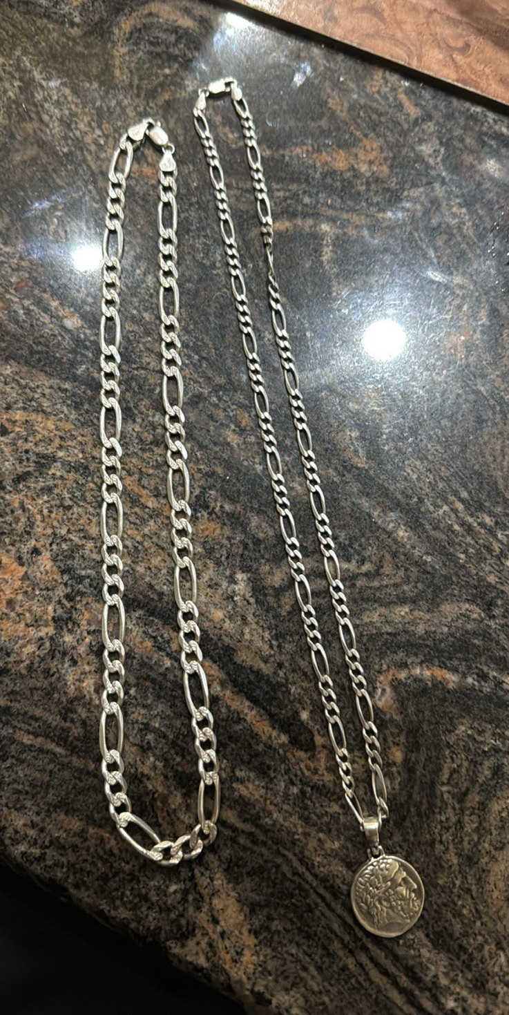 2 925 Sterling Silver Figaro Chains with Greek God Pendant