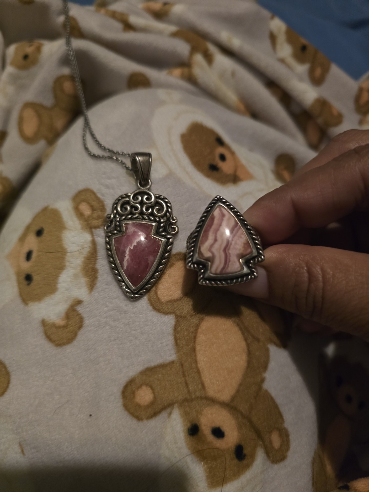 Pink Banded Rhodochrosite. Pendent W Matching Ring.