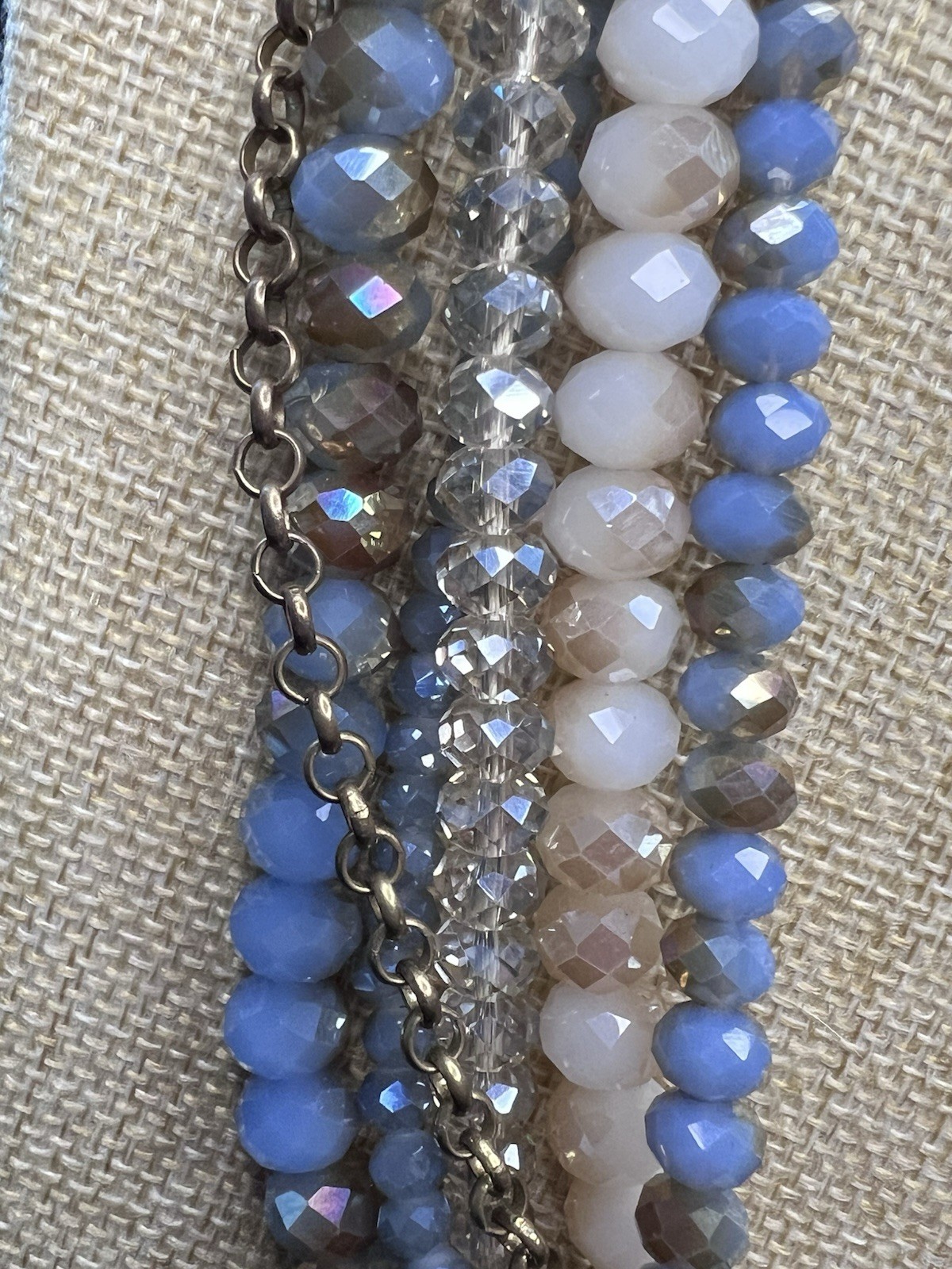 Layered Faceted Glass Crystal Bead Statement Necklace Blue White Taupe 19-22”