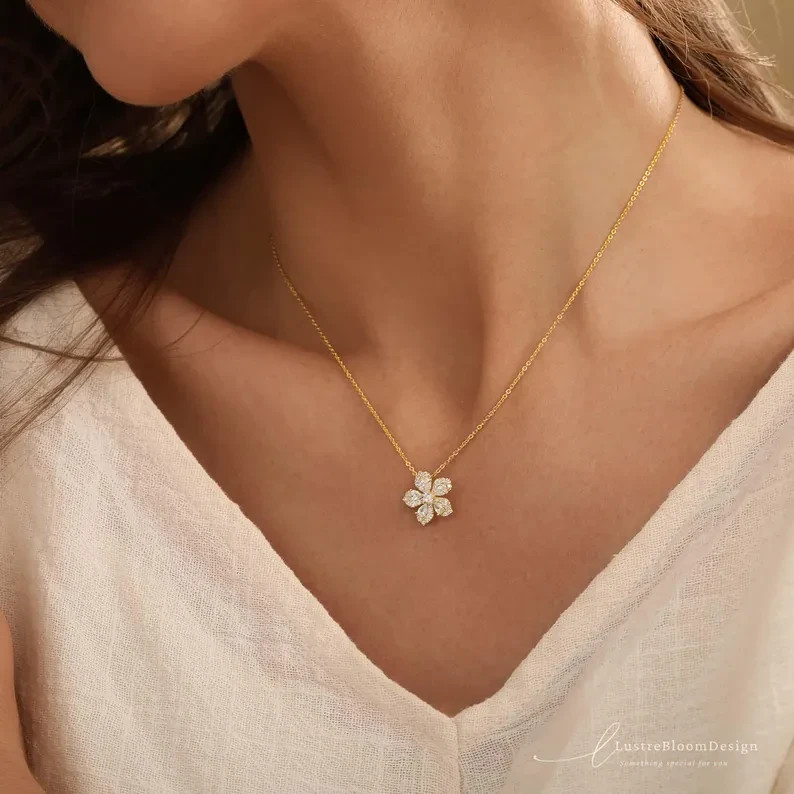Flower Pendant Necklace Round Cut Simulated Diamond In 14k Yellow Gold Plated