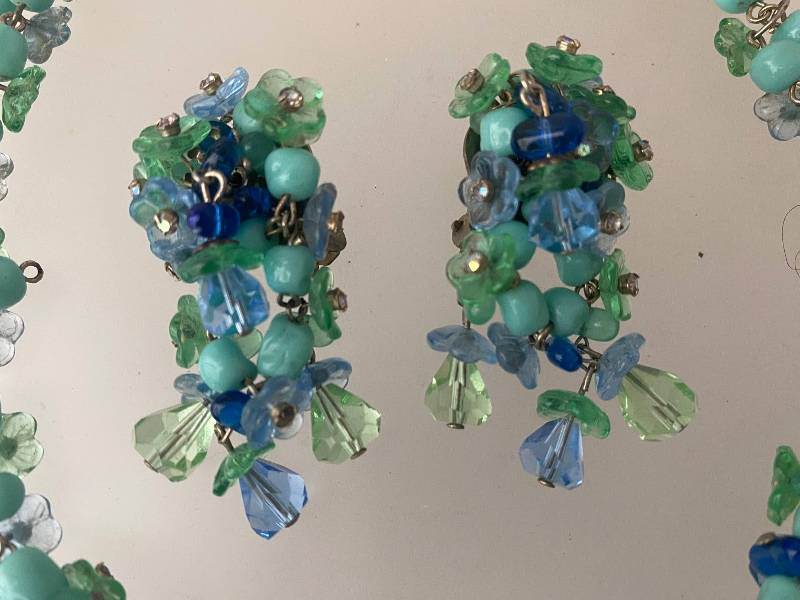 Vintage Mid Century Blue Green Glass Floral Necklace and Earrings Set Germany
