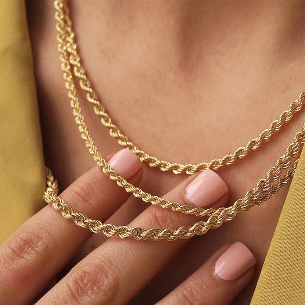14K Yellow Solid Gold 1.5mm、2mm、3.2mm and 4.2mm Twisted Rope Chain Necklace, …