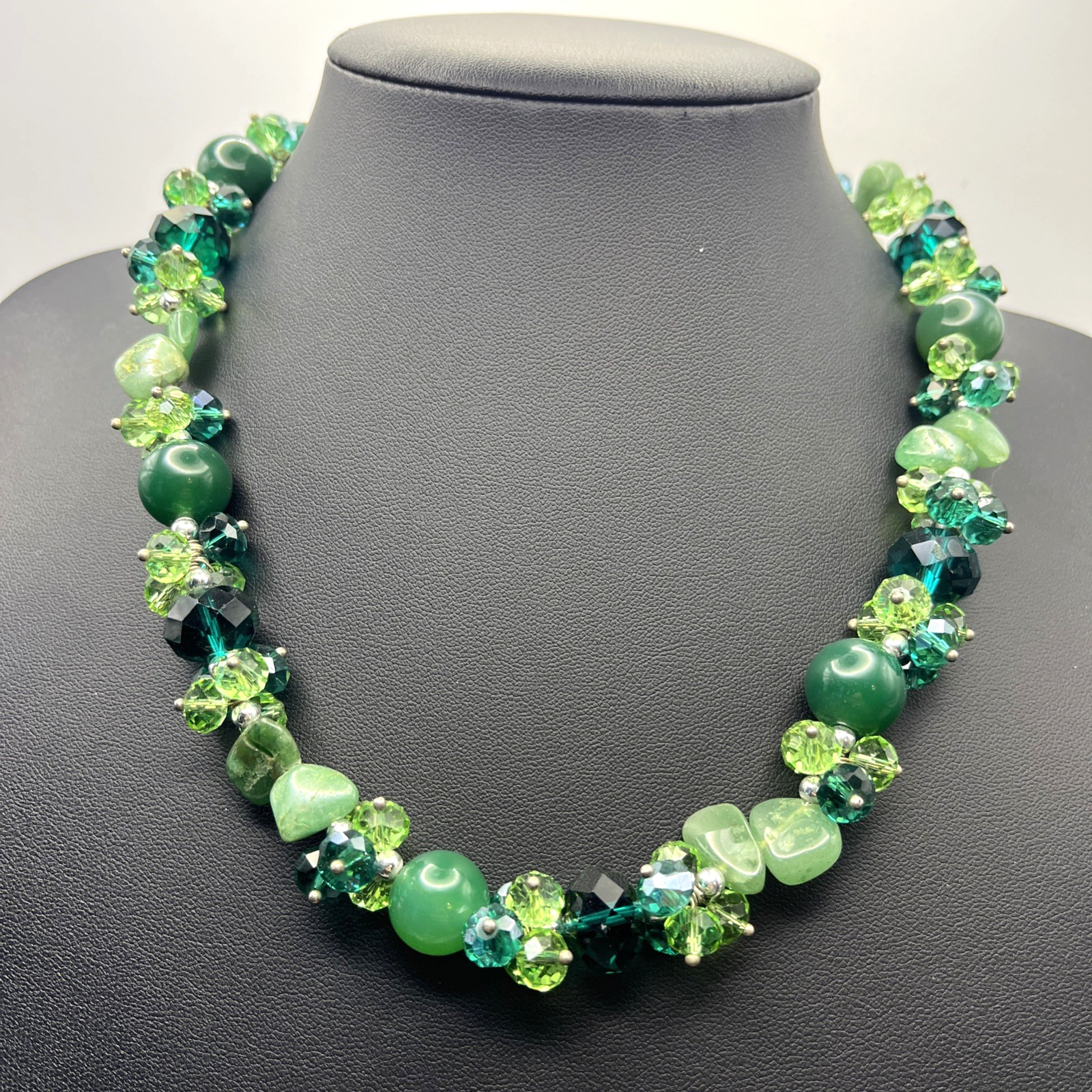Green Glass & Semi Precious Stone Statement Necklace 46cm Handmade Boho Gift