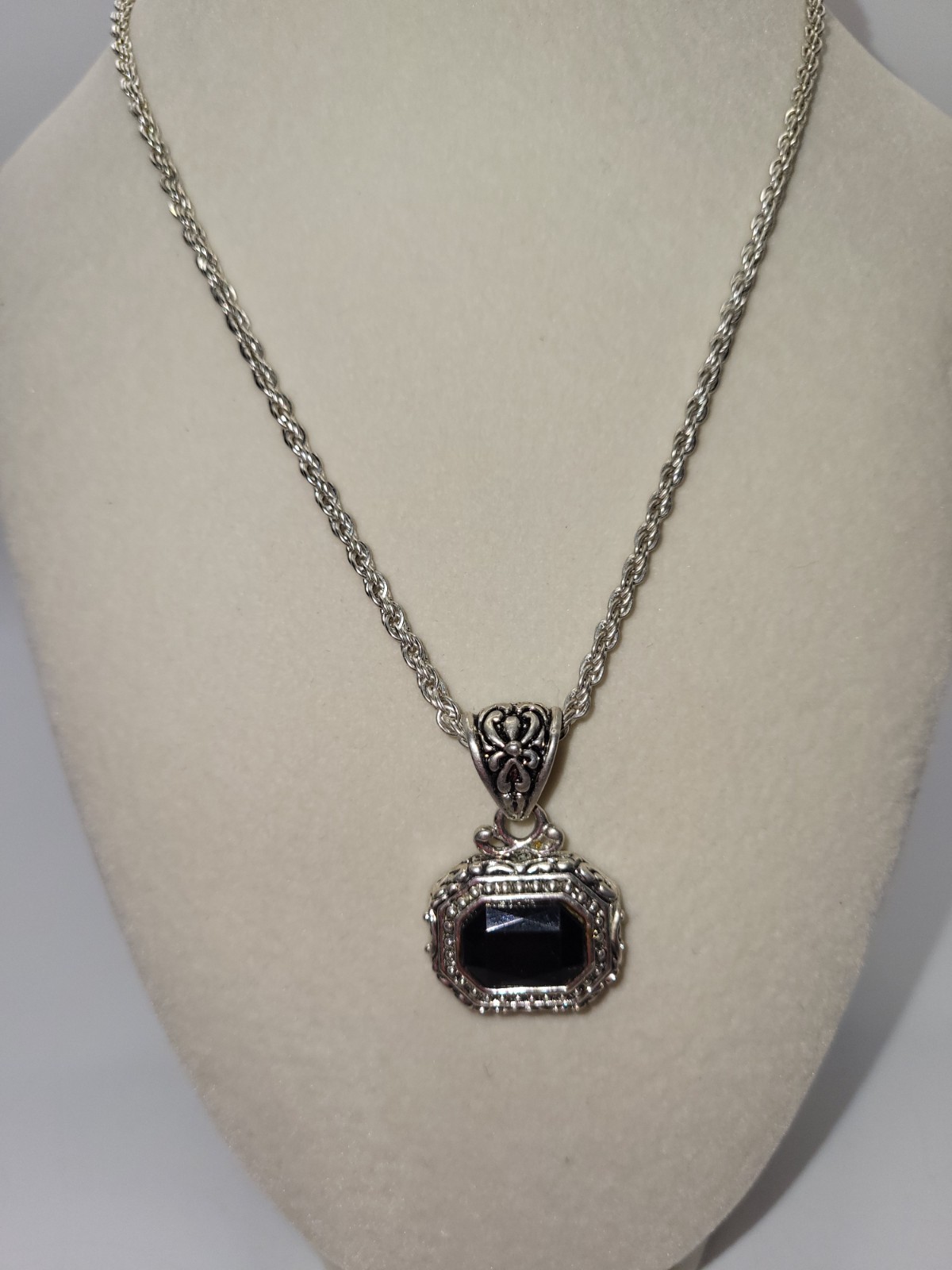 The Roman Company~RMN Signed Silver Etched Black Emerald Cut Pendent Necklace