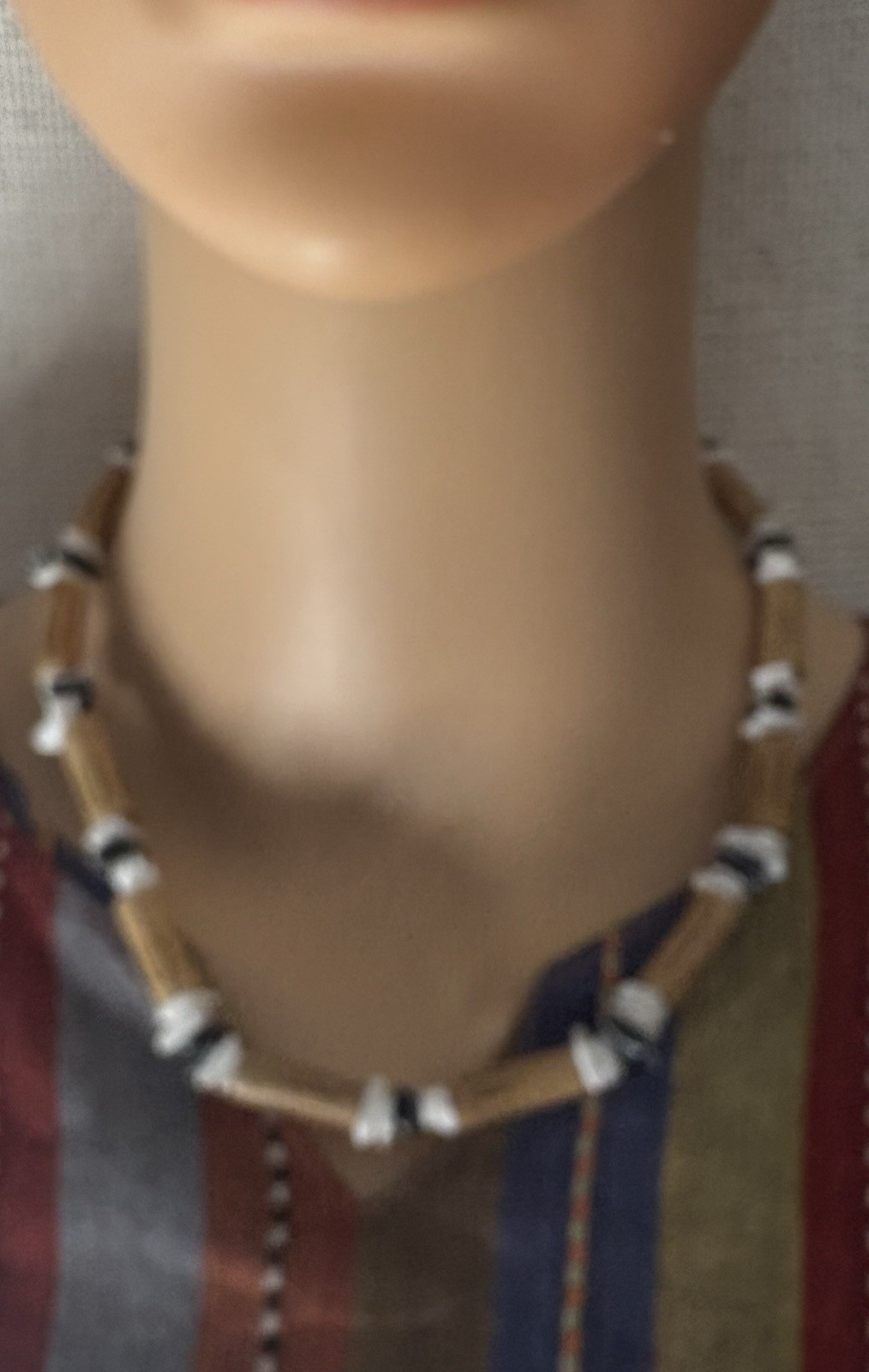 Wood Tube Bead Choker Necklace Black White Cord Tan Beaded Boho Adjustable