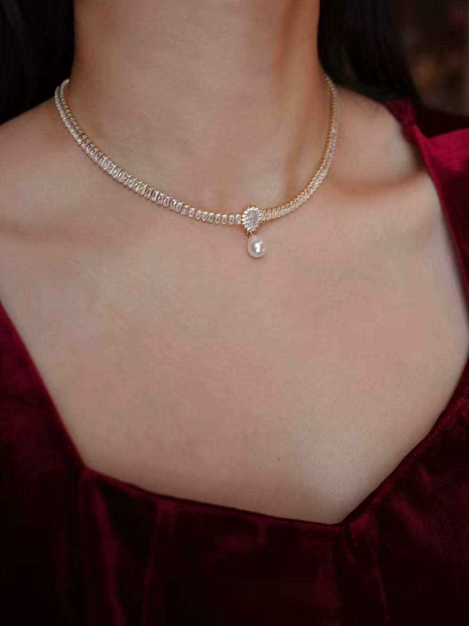 Vintage Pearl Drop Necklace French Bridal Gold Tone Wedding Choker