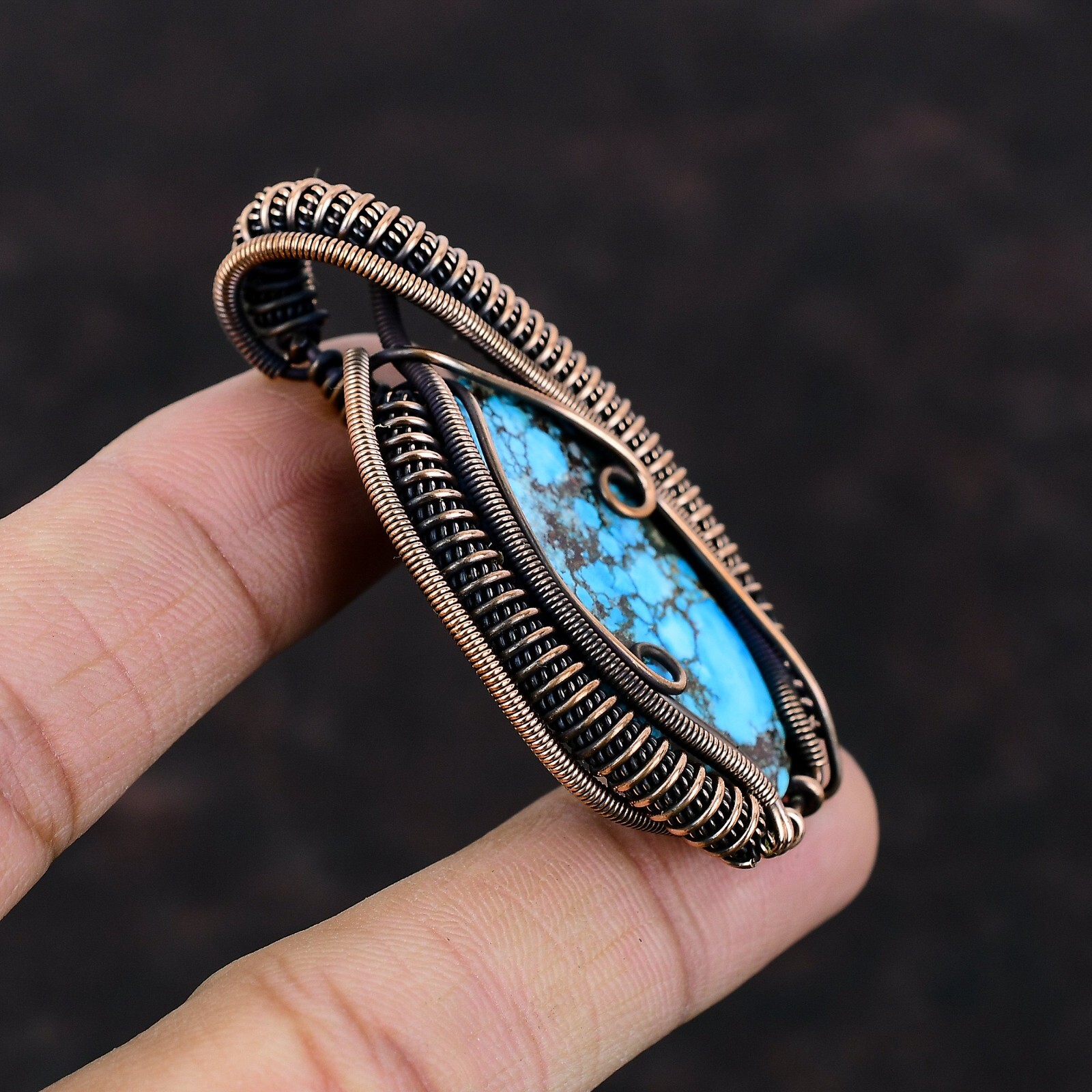 Tibetan Turquoise Copper Gift For Friend Wire Wrapped Pendant 2.36″