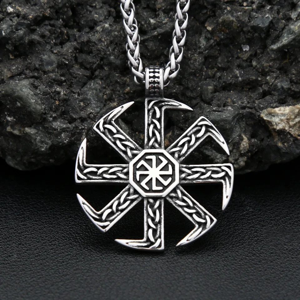 Vintage Stainless Steel Sun Wheel Symbol Pendant Necklace Retro Unisex Fashion J