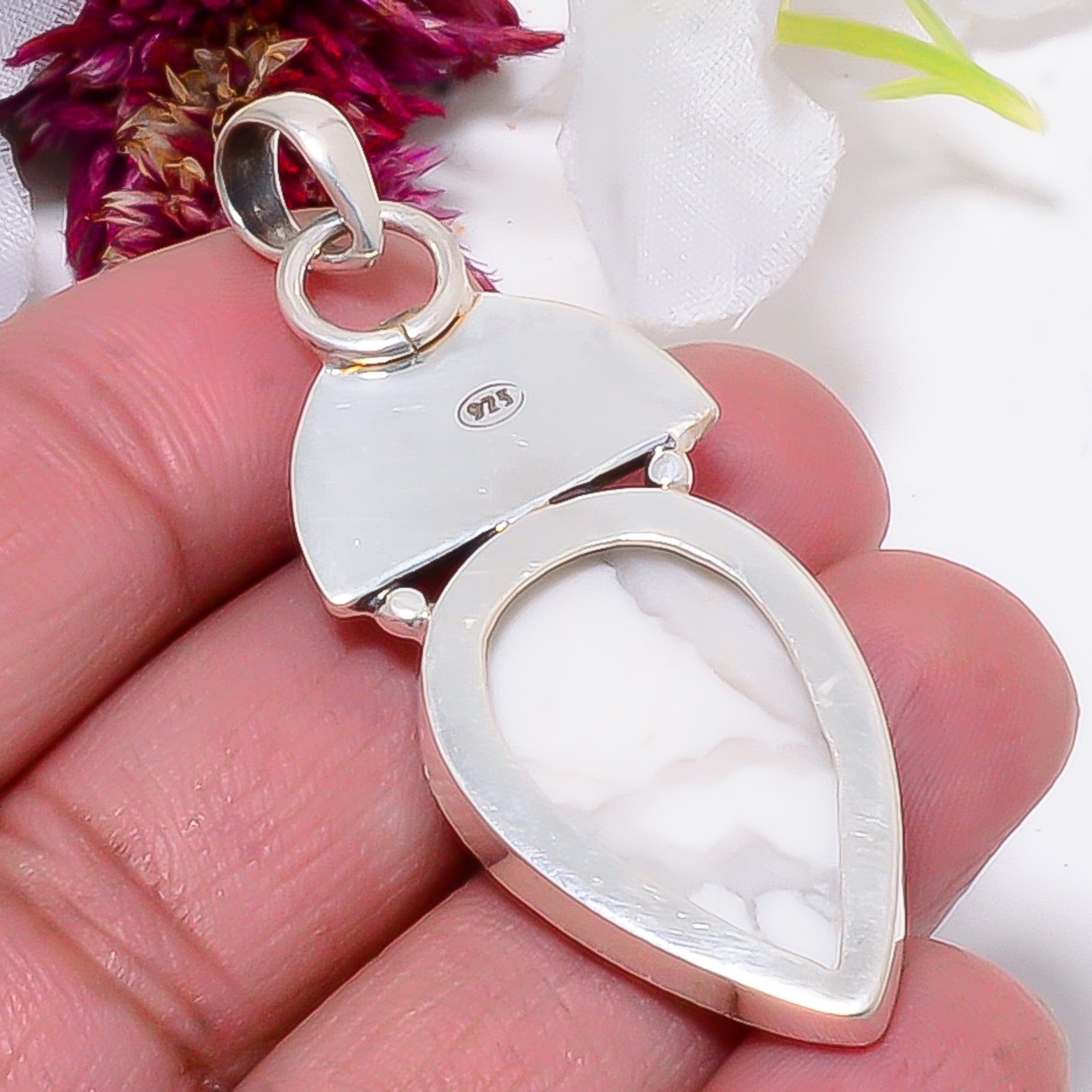 Natural White Howlite – United States, Moonstone 925 Silver Pendant 2.15″ Sku38