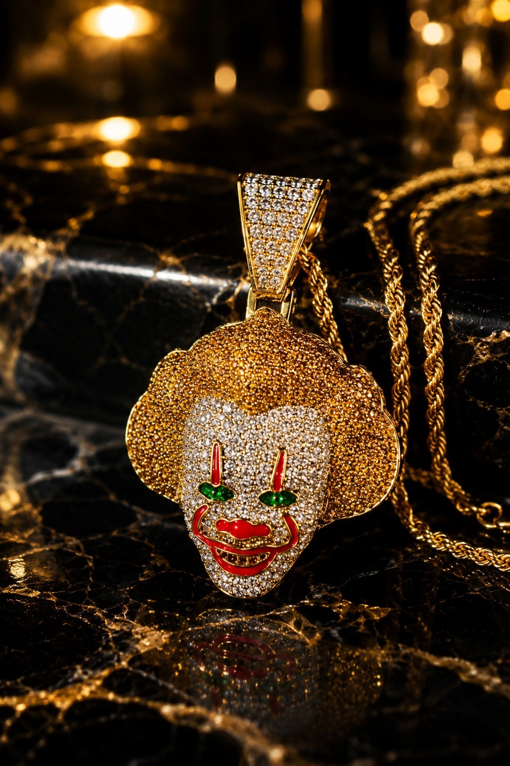Iced Out Bust Down Clown Face Pendant Gold Tone Rope Chain Halloween Necklace