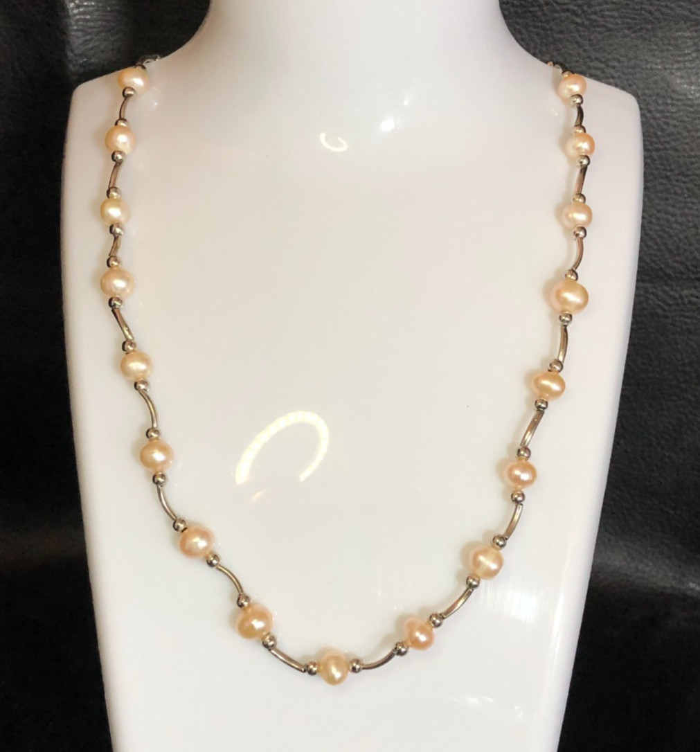 Genuine Cultured Pearl Necklace PEACH Silver Wave Tube Station Bead 18.7″ 8489